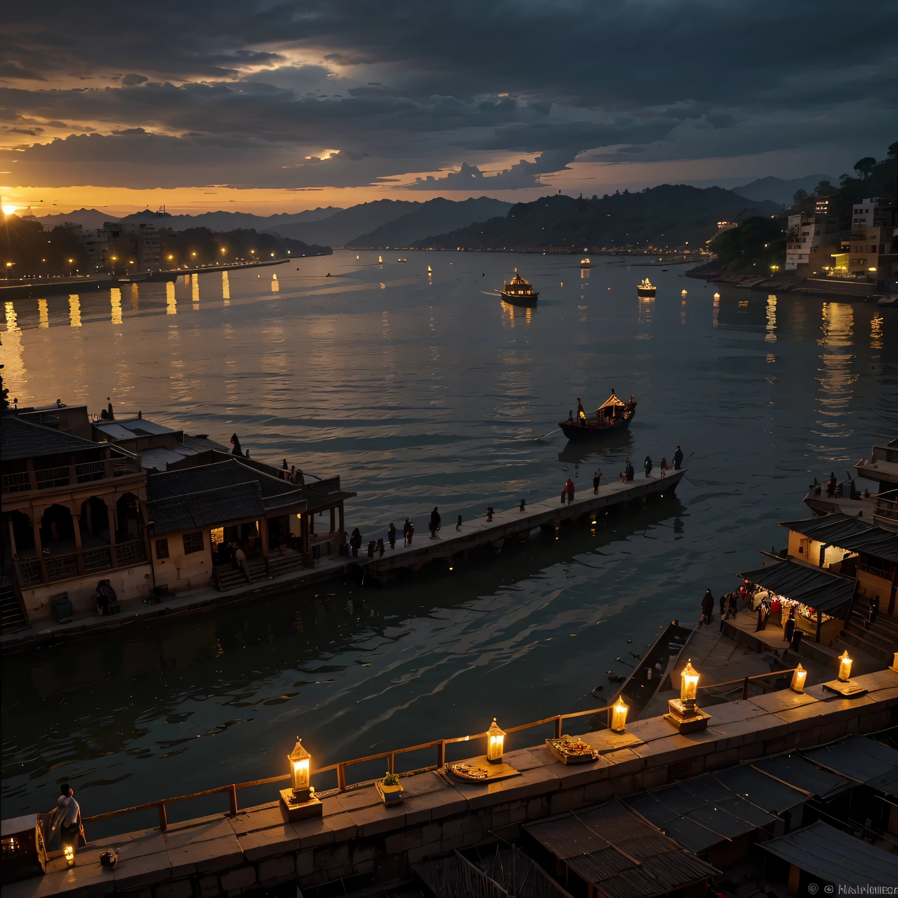(((background)))(((Capture the breathtaking Dashashwamedh Ghat at different times – from the golden hues of the sunset Aarti to the tranquil moments after dusk. Showcase the glowing ghats and the vibrant atmosphere, with the Ganges reflecting the changing skies.)))