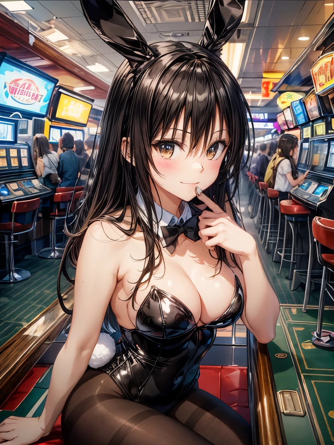 highest quality、complete limbs、Refers to the whole、1 beautiful woman、beautiful big breasted woman:1.3、((black haired woman:1.3))、long hair woman、straight hair、Bunny girl、(((黒色のBunny girlレオタード:1.5)))、(((黒色のBunny girlカチューシャ:1.7)))、(((brown pantyhose)))、big smile、casino、slot、roulette、sit with your legs apart、hands on crotch