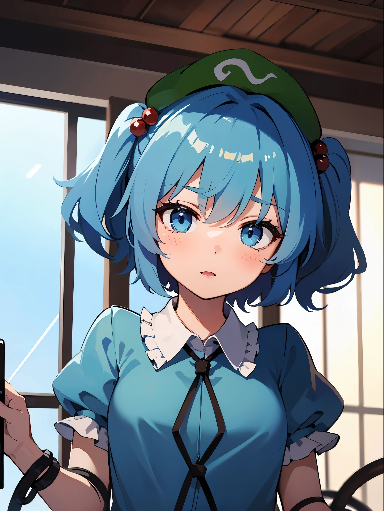 Anime girl with blue hair and green hat holding a cell phone - SeaArt AI