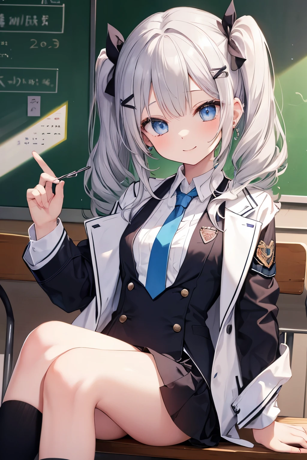 Silver-haired blue eyes、 girl、small breasts、twin tails、laughter、Nico Nico Smile、Looks about 15 years old、Petan Musume、girl、uniform、 girl、accessories、ear piercing、Cute Hairpins、hair ornaments、Gal-like、are at school、look of temptation、sexy、loose tie