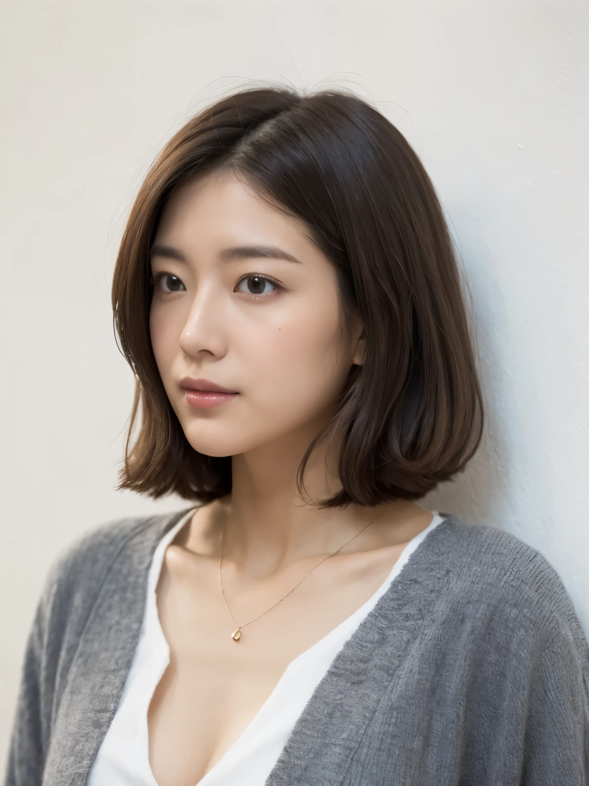 (Highly realistic photos, High resolution, detailed face, fine eyes), ((Taken in front of a white wall))、japanese woman, 40 years old, various expressions, alone:1, slim figure, different hairstyles, casual clothes, Only one person appears in the photo、long sleeve dress、Photographed in natural light、simple necklace、spring clothes、don't look at the camera、profile、dark brown hair color、bob hair、Hands are not visible