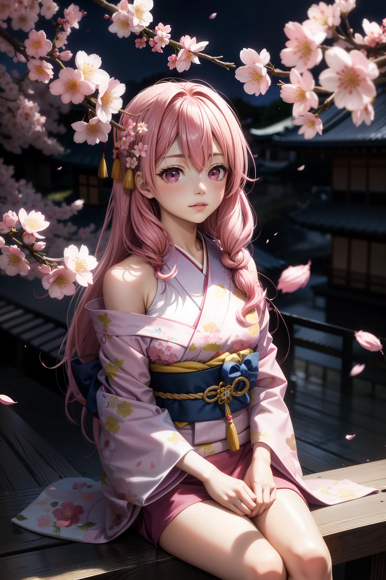 anime, one girl, pink hair, Hair is tangled, pink eyes, Kyoto, cherry blossoms、petal、moon, pink patterned kimono, off shoulder, sitting, alone,
