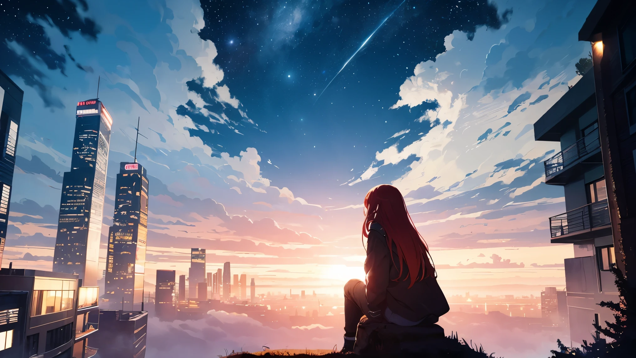 octans, sky, star (sky), scenery, starry sky, night, 1girl, night sky, solo, outdoors, building, cloud, milky way, sitting, tree, long hair, city, silhouette, cityscape, red hair girl, fantastic sky, planet