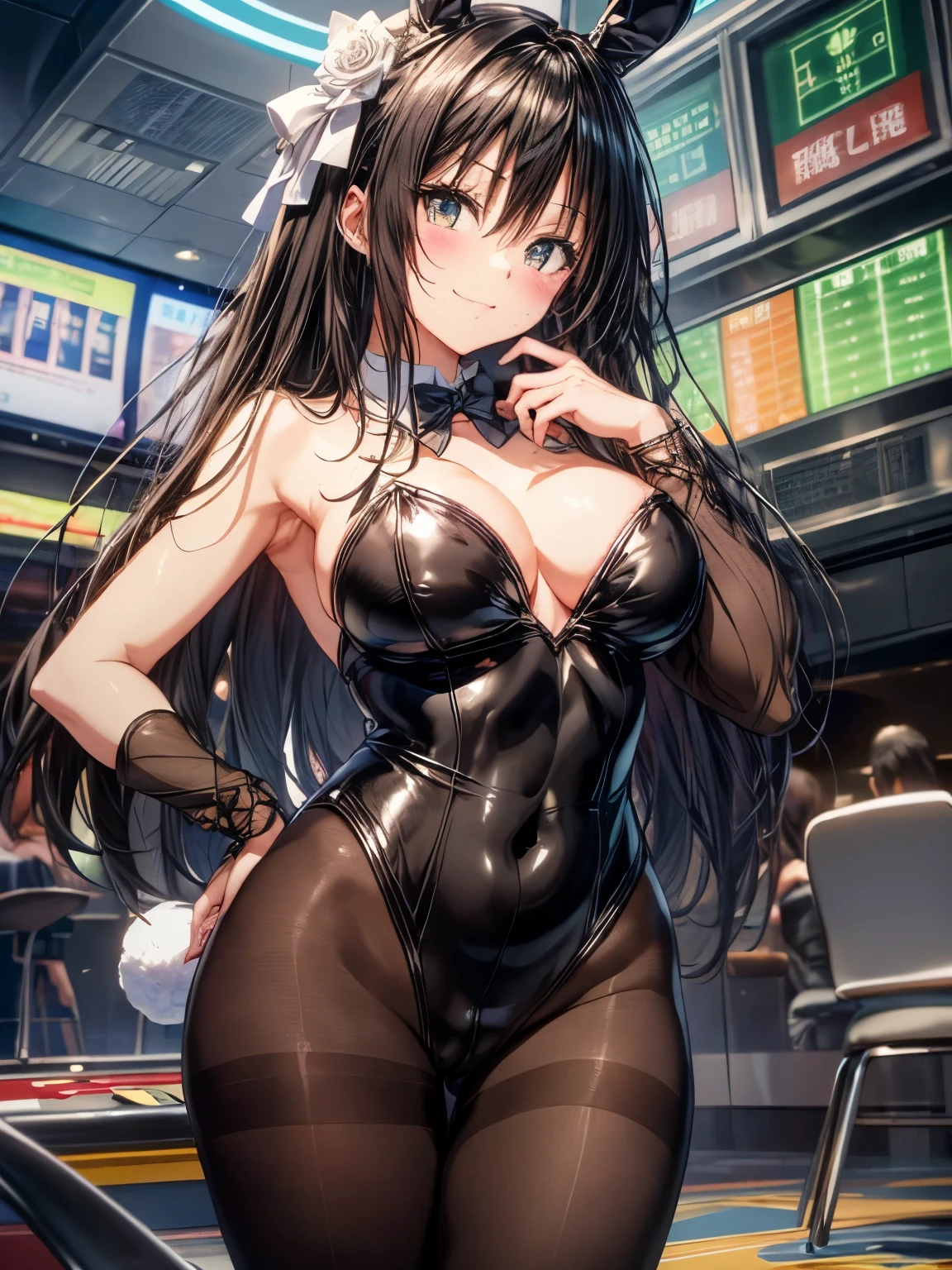 highest quality、complete limbs、refers to the whole、1 beautiful woman、beautiful big breasted woman:1.3、((black haired woman:1.3))、long hair woman、straight hair、Bunny girl、(((黒色のBunny girlレオタード:1.5)))、(((黒色のBunny girlカチューシャ:1.7)))、(((brown pantyhose)))、big smile、sexy pose、casino、slot、roulette