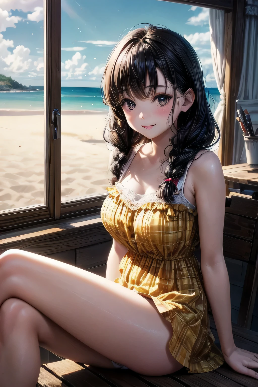 very cute and beautiful girl sitting near the window,(Yellow plaid summer dress with fine ruffles),No sleeve,Fine lace,(spread your legs,white panties), (very detailed美しい顔),beach,wooden floating cottage, (smile),blush,twin blade,black hair, (highest quality,masterpiece:1.2),disorganized,High resolution,super detailed,very detailed,32K,8K resolution, intricate details,movie-like scene,detailed background,alone,dynamic angle, Natural light,particles of light,beautiful and detailed sky,