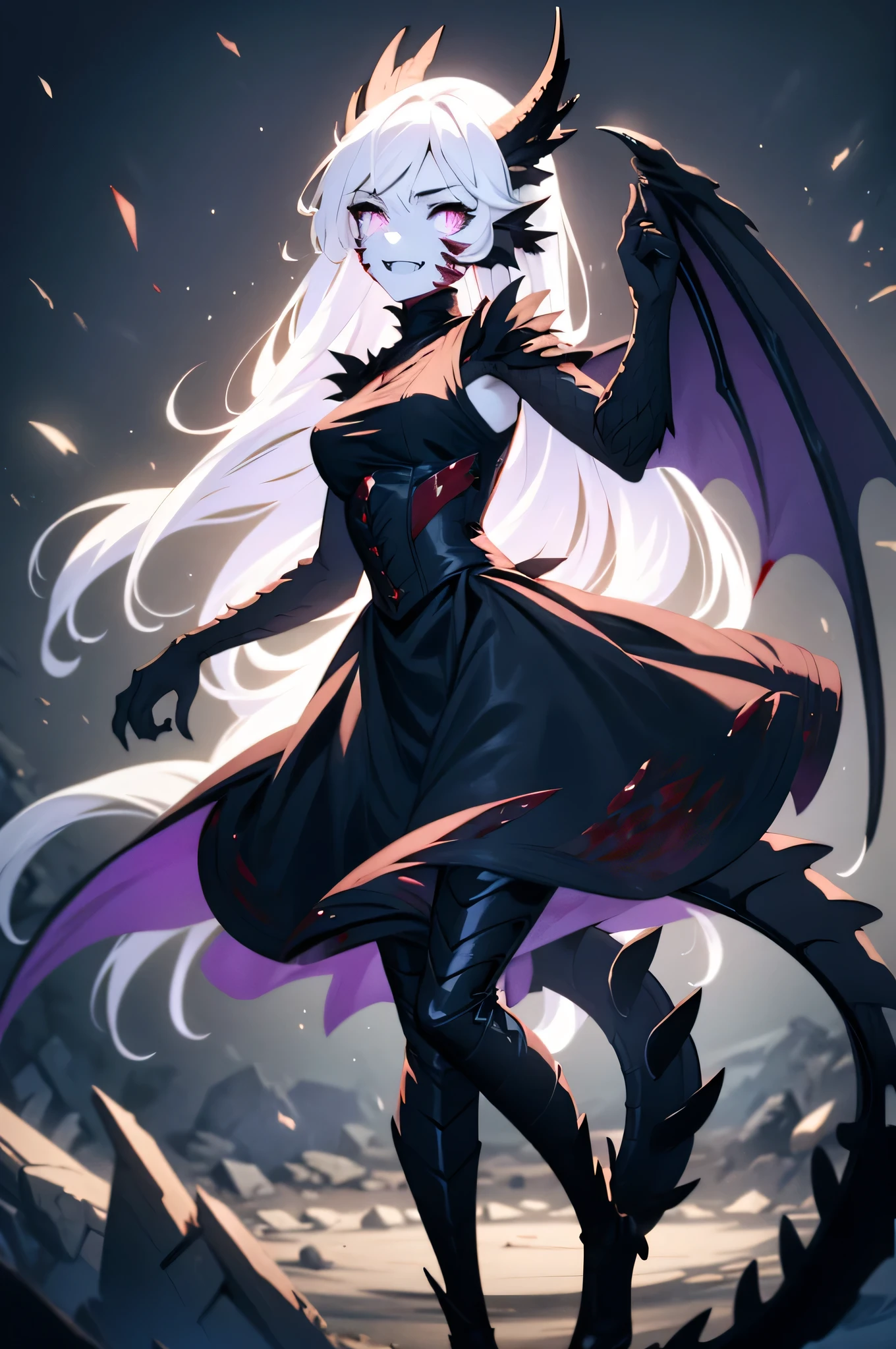 (best quality,4k,highres),((slender and tall)),(focus on face), menacing crazy glowing purple eyes, eyes with black sclera, crazed murderous smile, open mouth smile, fangs, very long wavy white hair, ((blood on her face and hair)),slender dragon hands and feet, 2 wings, 1 tail, black dragon scales, ornate gothic black dress