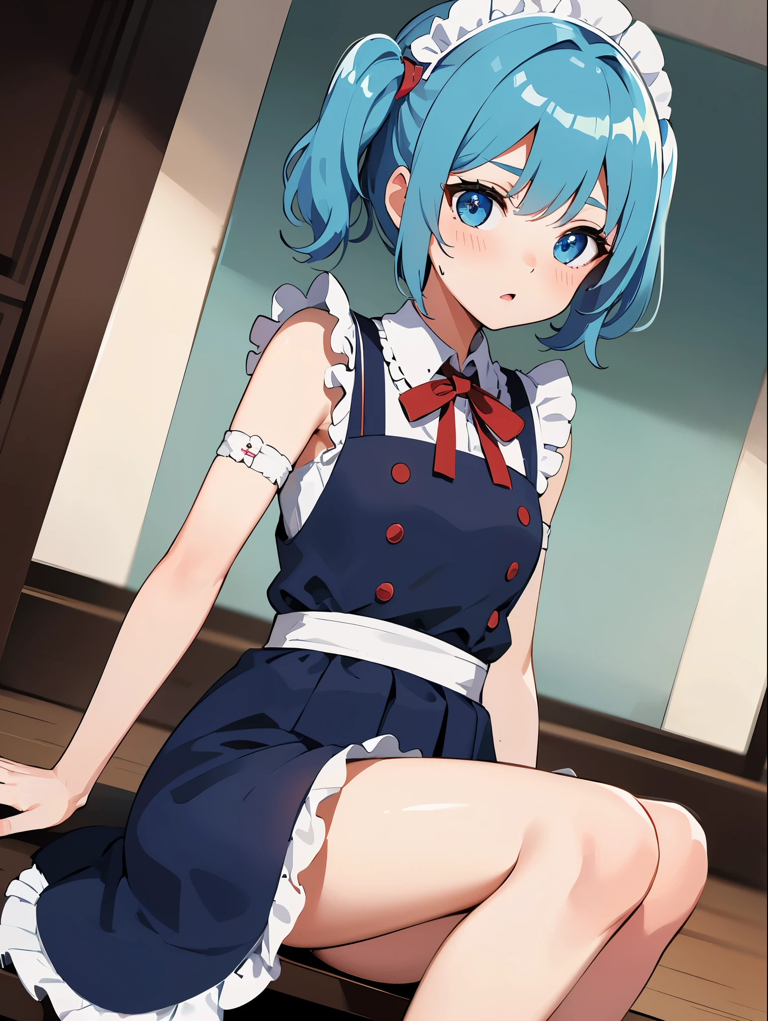 kwsro_because_touhou light blue hair, short twin tails, two red round rubber bands, boy, light blue eyes, Maid clothes, shy