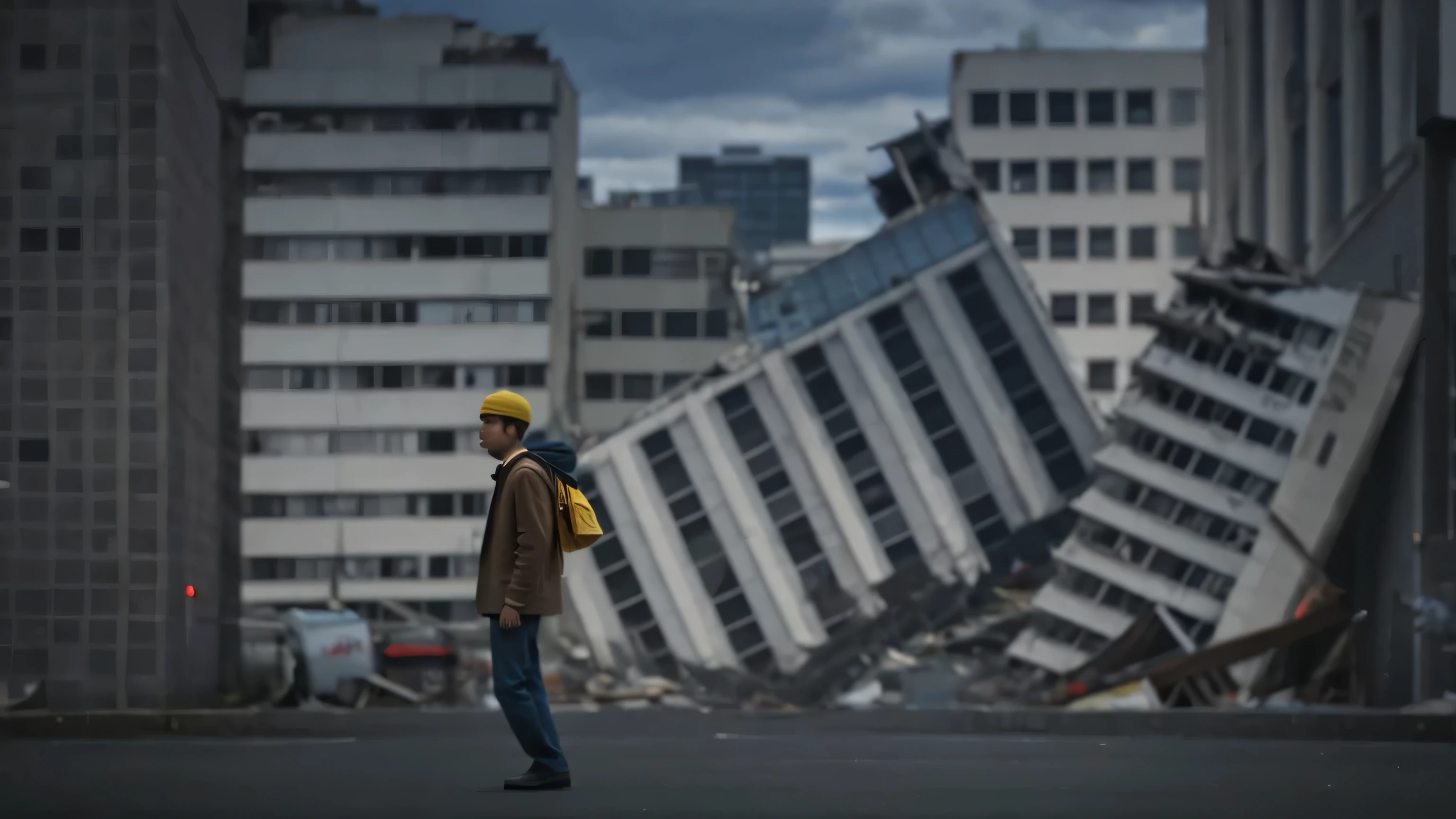 damaged buildings, fallen buildings, teenage wear costume with yellow scarf