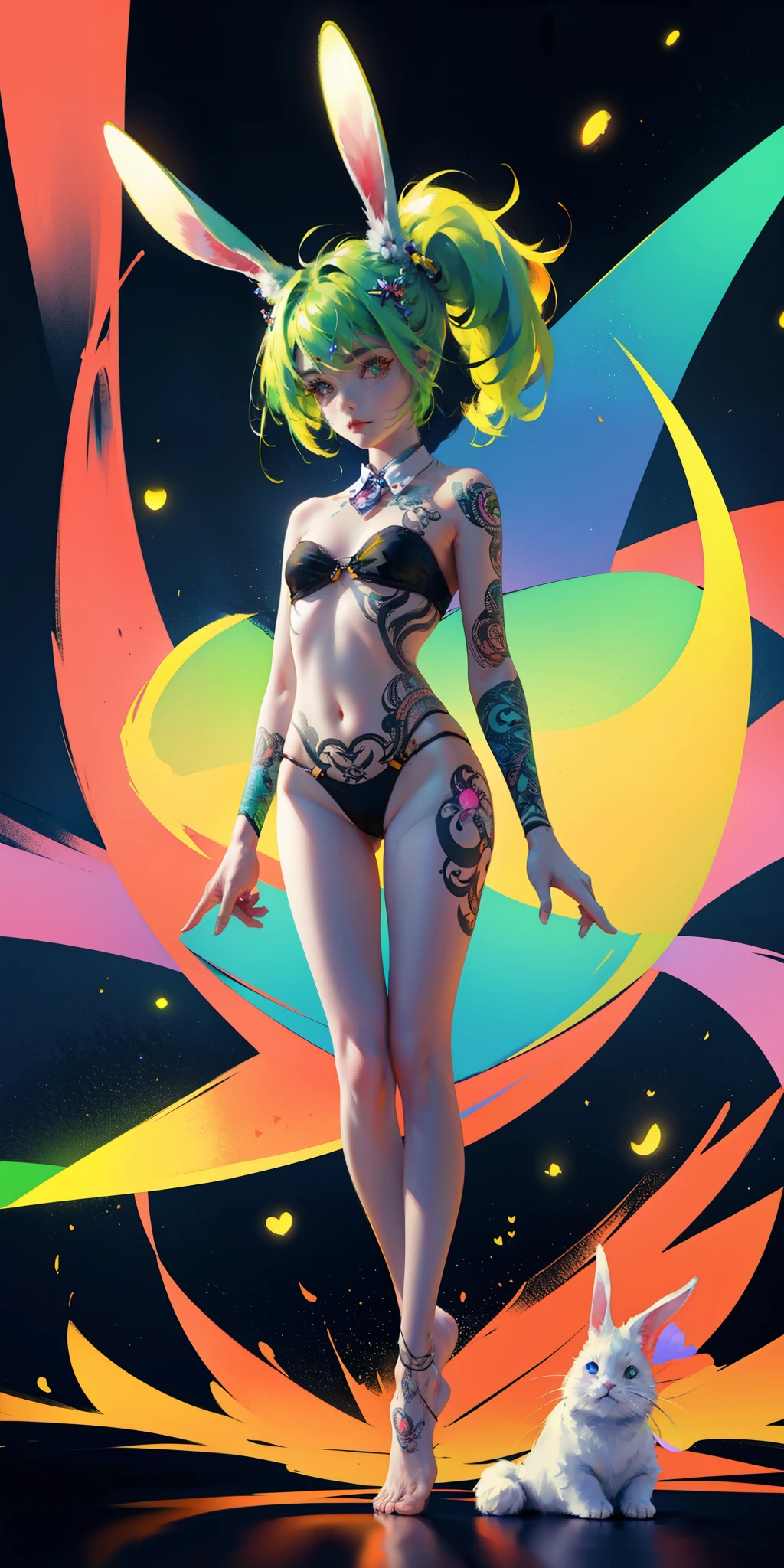 Rabbit technique , science fiction, 
1 girl, tattoo, 发光tattoo, glowing eyes, Colorful glowing hair , （（（whole body）））, green hair,Open navel Kavitek, barefoot，pastel colors, kawaii, cutecolors,