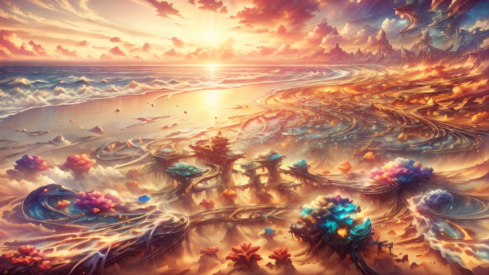 Masterpiece, best quality, 8k, panoramic view, magical scenery, outdoors, day, Beach, Sand that looks like a golden carpet. Sky, cloud, day, without humans, soft sound, waves, Starfish, chatty crabs, noisy seagulls, which filled the environment with their animation.