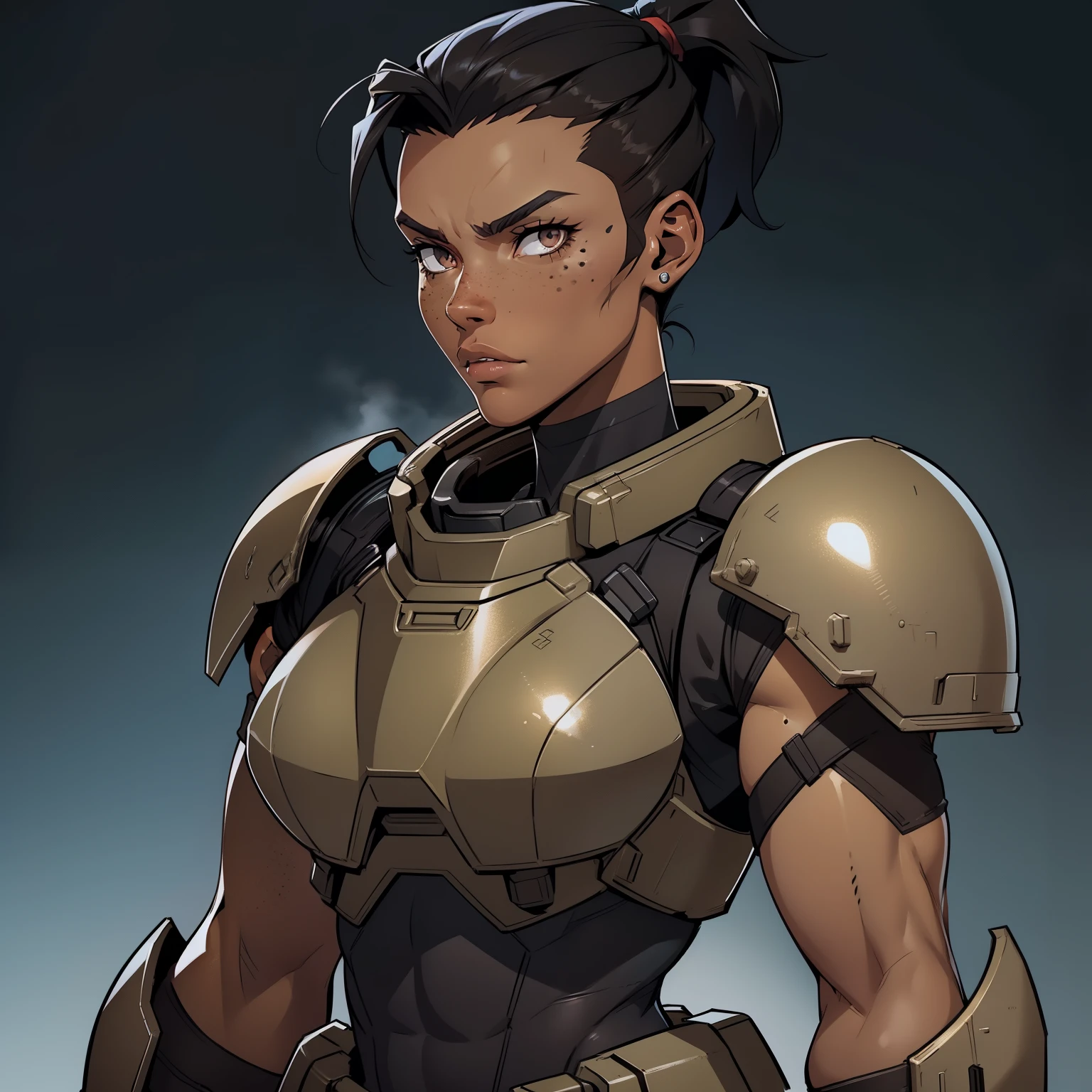 Lanky_muscular_female strong_jawline dark_skin black_hair short_ponytail shaved_sides brown_eyes scars freckles heavy_power_armor tactical_vest space_marine solo Masterpiece best_quality highly_detailed well_drawn_eyes