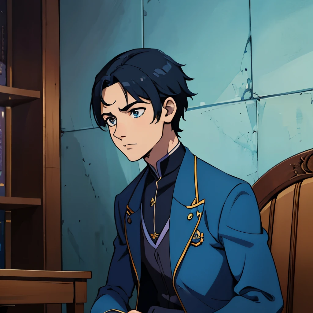Avatar animado de un chico vestido de azul, con traje azul que tenga tematica de erudito con anteojos, joven pensando, pensativo,dudoso