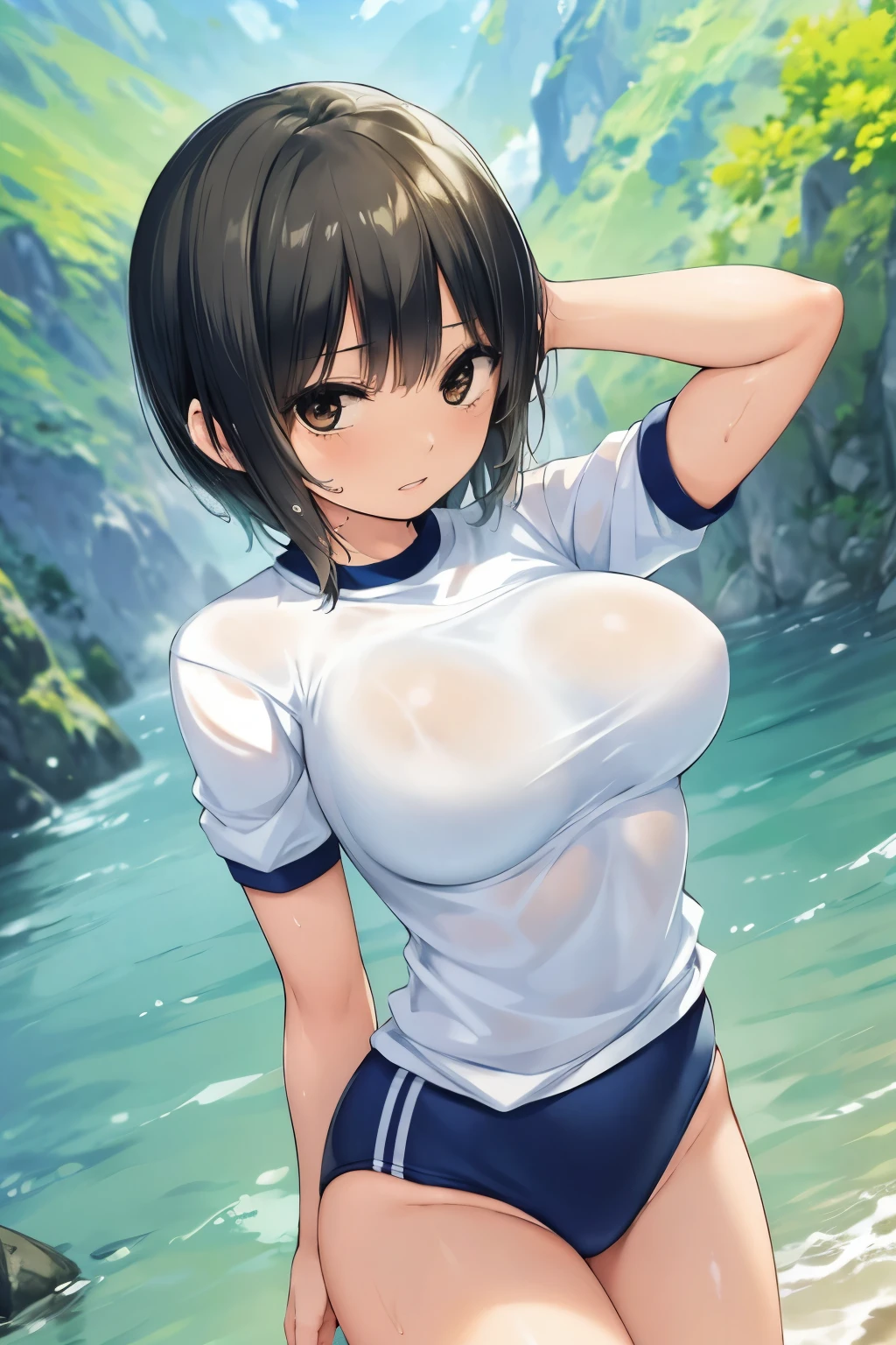 (masterpiece, highest quality, super detailed), (sumika), 1girl,  (slim:1.7), short hair, black hair, (big breasts:1.2), raised, Wet , Sweat,  beautiful face,  (Big eyes:1.5), cute,  fog, standing, gym uniform, (big brests:1.4), cowboy shot, underboob, school, nipples, from behind, Sports field, 