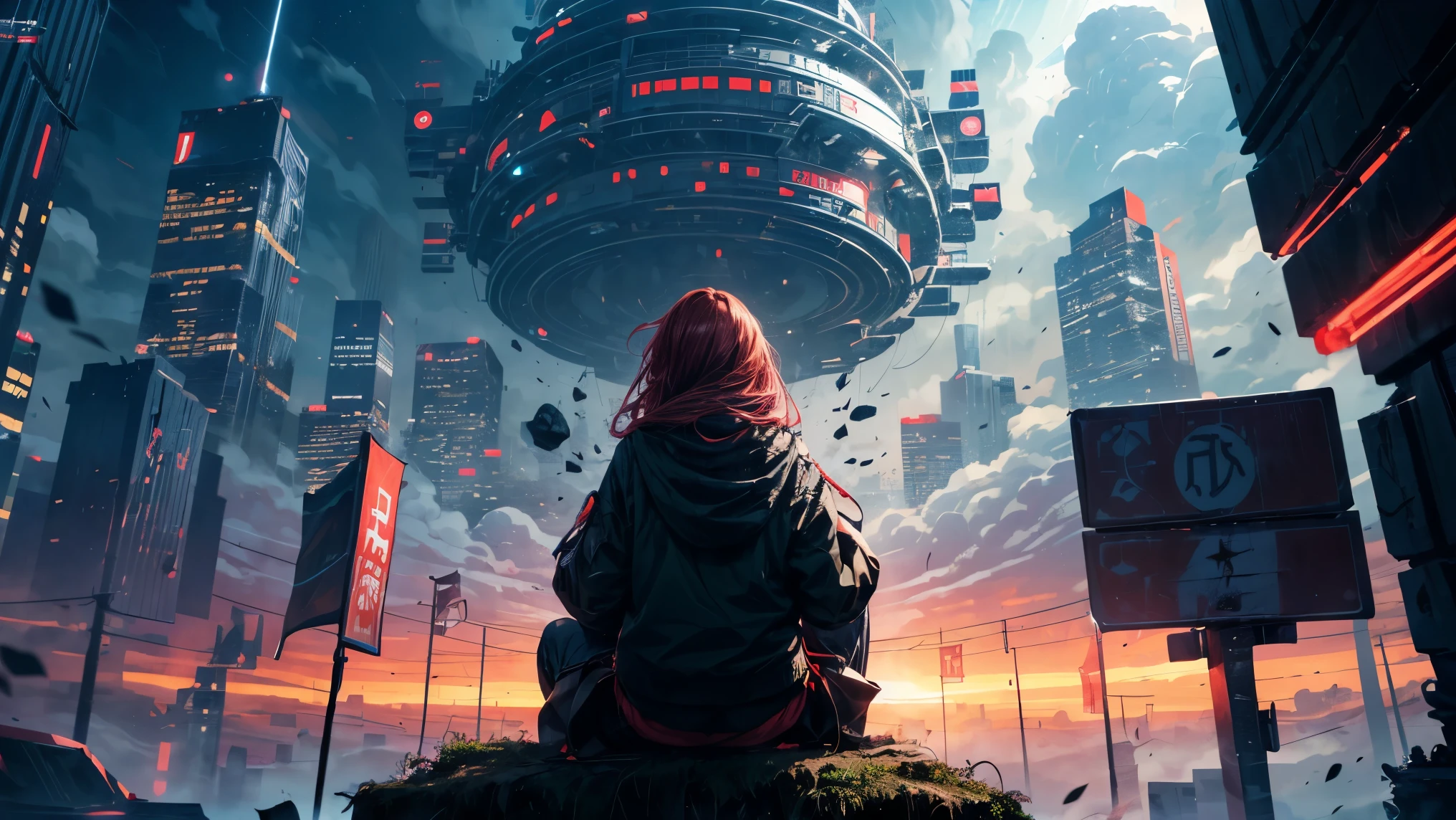 octans, sky, star (sky), scenery, starry sky, night, 1girl, night sky, solo, outdoors, building, cloud, milky way, sitting, tree, long hair, city, silhouette, cityscape, red hair girl, fantastic sky, planet