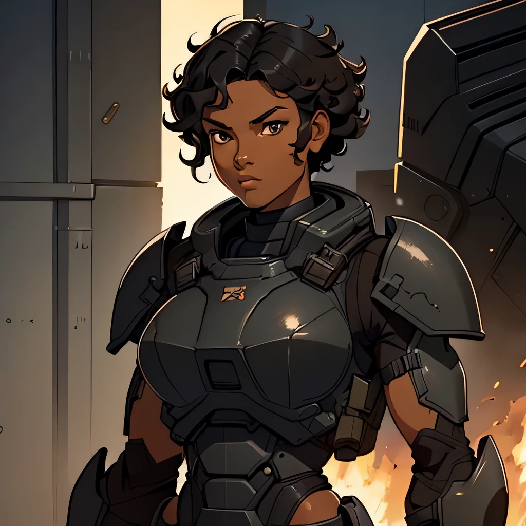 female, ebony skinned, brown eyes, black hair, curly hair, Lanky muscular, strong jawline, defined abs, heavy power armor, tactical vest, solo, masterpiece, best quality, highly detailed, well drawn eyes, detailed face