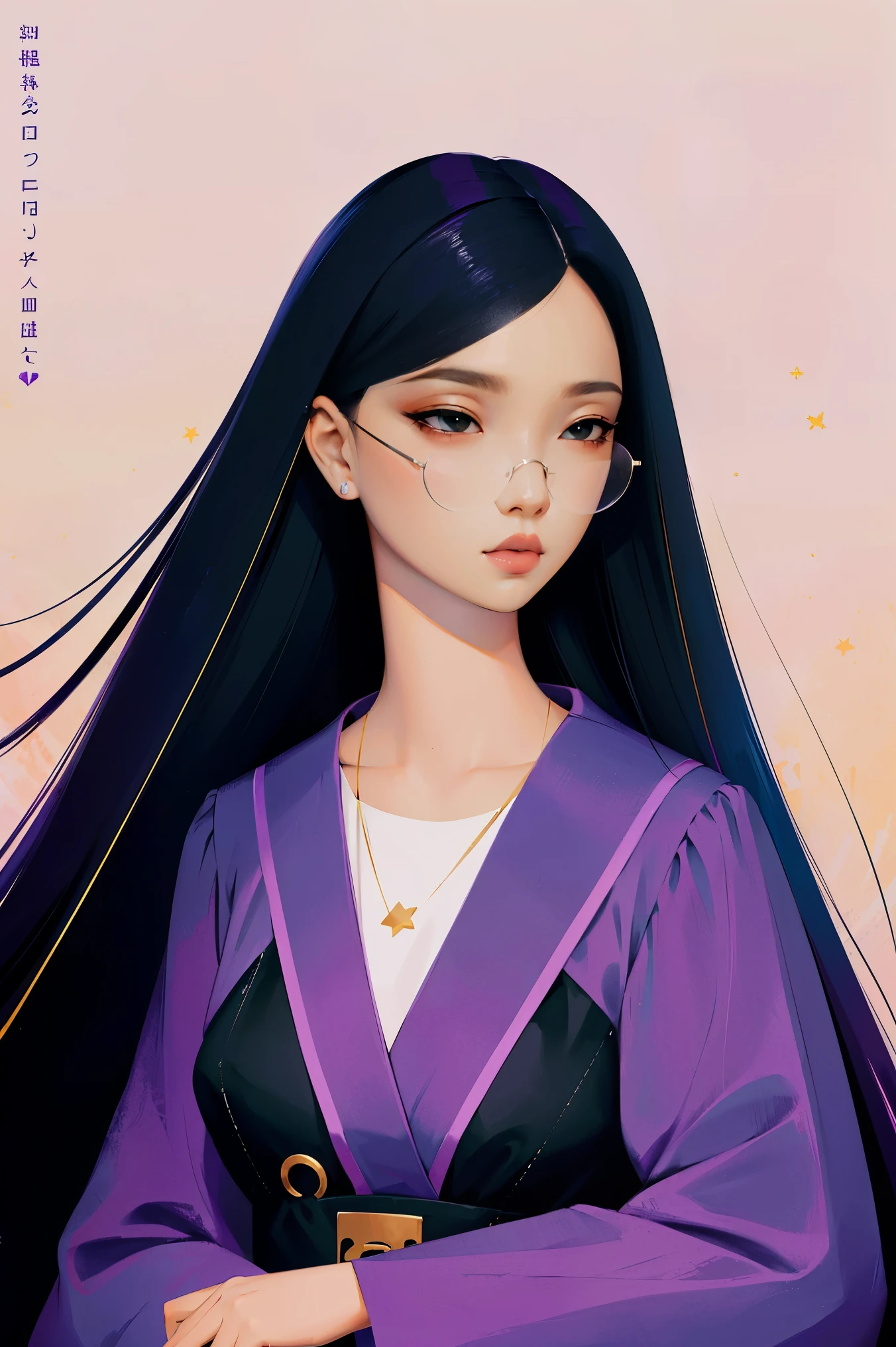 character design of a girl (masterpiece:1.2, best quality), no background, 1lady, solo, (shiny skin:1.2), upper body, purple color scheme, witch outfit, glasses, straight long black hair styled in hime-cut hair, character concept art, harajuku style, hair pin,