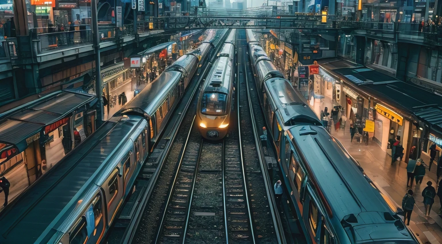 (a busy train station),bird's eye view, (best quality, 4k, highres), bustling crowds, rushing commuters, long platforms, (vivid colors), (dynamic atmosphere), (sharp focus), (professional), (ultra-detailed), (realistic), (playful lighting), (urban chaos), (hustle and bustle), (noisy surroundingultiple trains on tracks, modern architecture, (bokeh), (creative angles), a sea of people in motion, ticket booths, (physically-based rendering), reflective surfaces, (high contrast), (dramatic composition), (gritty details), (fast-moving), (cinematic), (electric energy), (cityscape backdrop), (fast-paced), (urban life), (crowded spaces), (escalators and stairs)