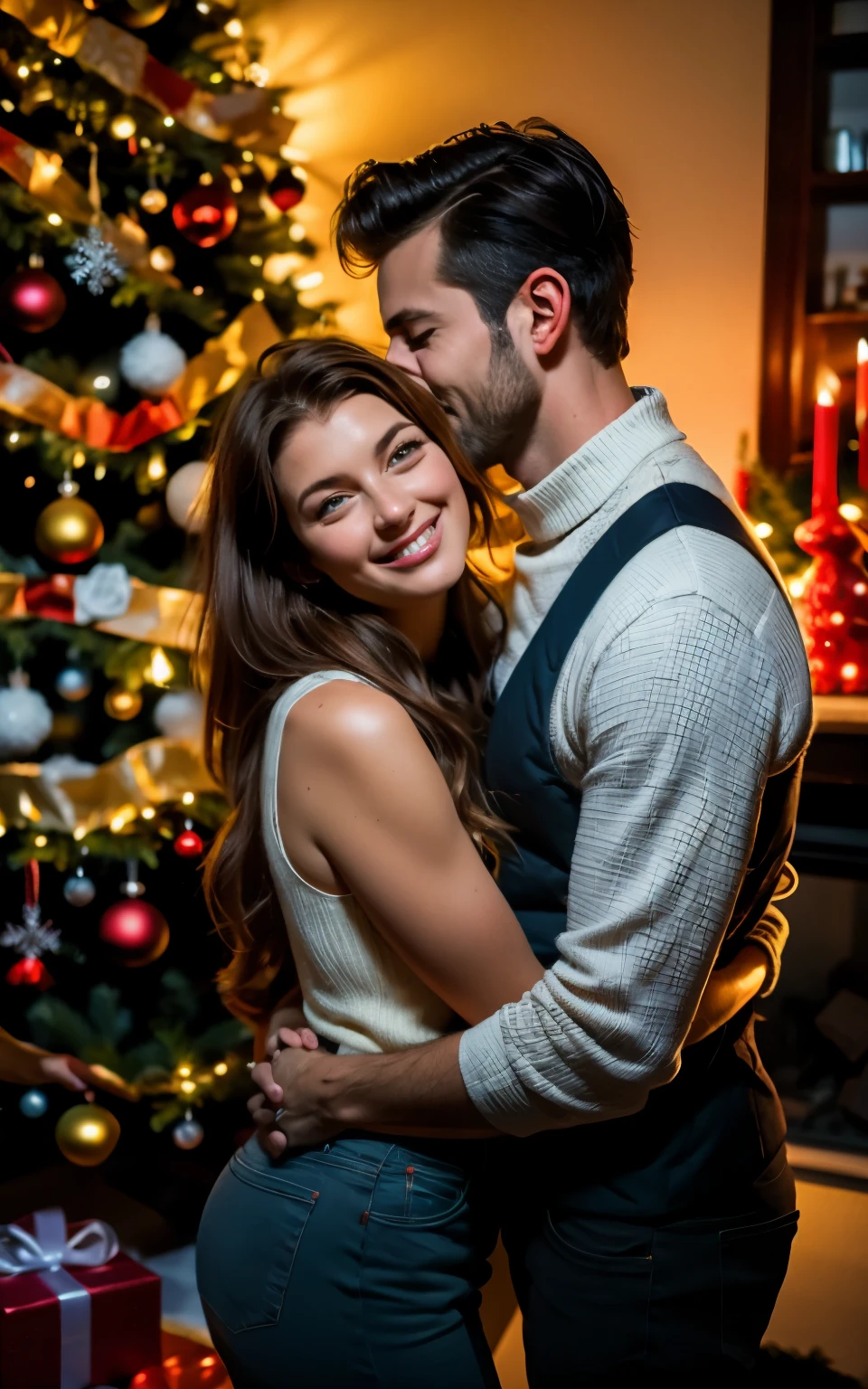 auburn haired Norwegian woman hugging a dark haired man in front of a Christmas tree. indoors, night, warm light