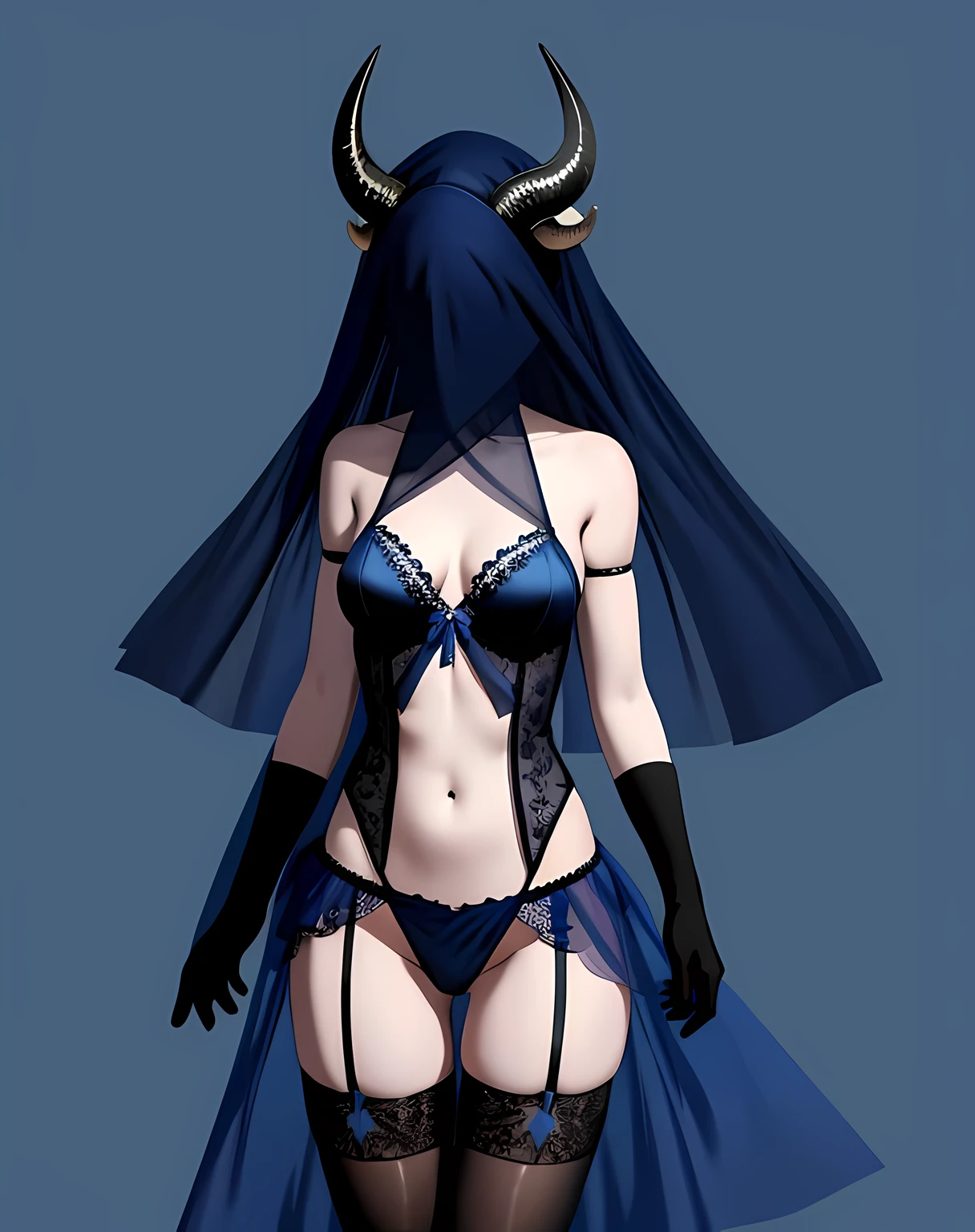 1girl, monster girl, demon girl, horns, blue background, simple background, veil over eyes, thighhighs, pelvic curtain, garter straps,