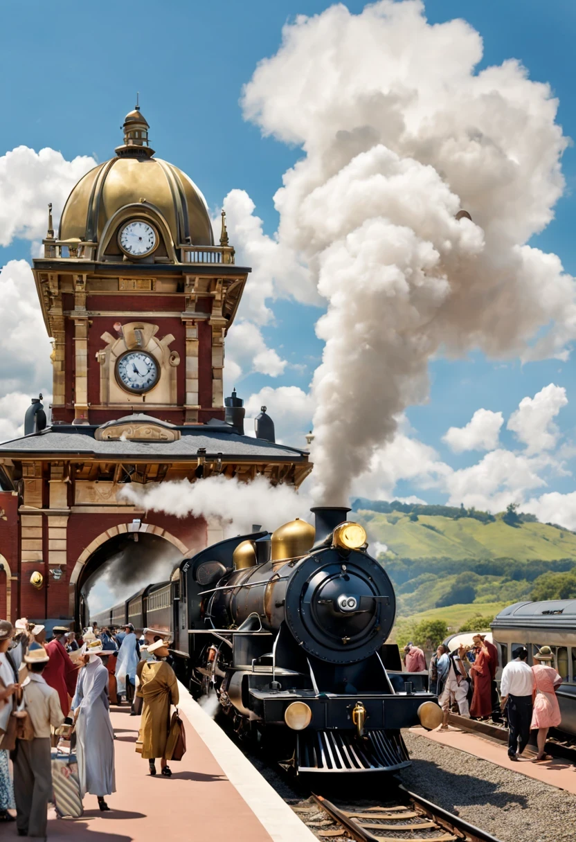 Create an image of a bustling train station from the early 20th century. The station is a grand, Victorian-style building with large arched windows and a towering clock tower. People in vintage attire hurry along the platform, some carrying suitcases, others waving handkerchiefs to departing passengers.
On the platform, an old steam train puffs out clouds of white steam, its brass and iron fittings gleaming in the sunlight. The train is adorned with intricate designs, polished to a shine. The platform is busy with activity, with porters loading luggage into the train's compartments.
In the background, a backdrop of rolling hills and a clear blue sky complete the scene, adding a sense of nostalgia and adventure to the setting. The train's whistle echoes through the station, signaling its departure, as passengers rush to board while loved ones bid farewell.
Capture the essence of a bygone era, filled with the excitement of travel and the romance of steam locomotives