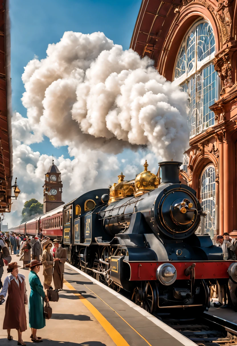 Create an image of a bustling train station from the early 20th century. The station is a grand, Victorian-style building with large arched windows and a towering clock tower. People in vintage attire hurry along the platform, some carrying suitcases, others waving handkerchiefs to departing passengers.

On the platform, an old steam train puffs out clouds of white steam, its brass and iron fittings gleaming in the sunlight. The train is adorned with intricate designs, polished to a shine. The platform is busy with activity, with porters loading luggage into the train's compartments.

In the background, a backdrop of rolling hills and a clear blue sky complete the scene, adding a sense of nostalgia and adventure to the setting. The train's whistle echoes through the station, signaling its departure, as passengers rush to board while loved ones bid farewell.

Capture the essence of a bygone era, filled with the excitement of travel and the romance of steam locomotives