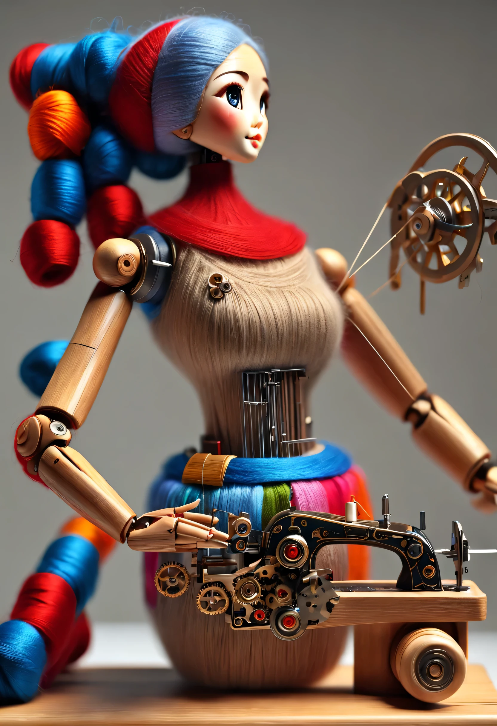 China's unique high-end carpenter sculpture style, character idea, (whole body), (a mechanically constructed doll is 织布), sewing machine,木梭织带机由sewing machine架、Brora、sewing machine头、Shuttle and yarn composition。sewing machine架用于支撑sewing machine头和Brora,Brora和sewing machine头是织布的核心部件,They perform the weaving function through a series of mechanical movements。Shuttle is an essential accessory for weaving,Mainly responsible for conveying yarn,Realize the function of knitting, Mechanical wires connecting dolls's bow finger, Gears connect slender Legechanism on log base), The key spring is inserted into the back of the doll, cute and beautiful face, Extra long red double braids, blue and orange skirt, Slender mechanical wooden arms and legs, Beautiful and detailed,rotate, dance, 8k, super detailed, actual, high resolution, Ray tracing,yarn art