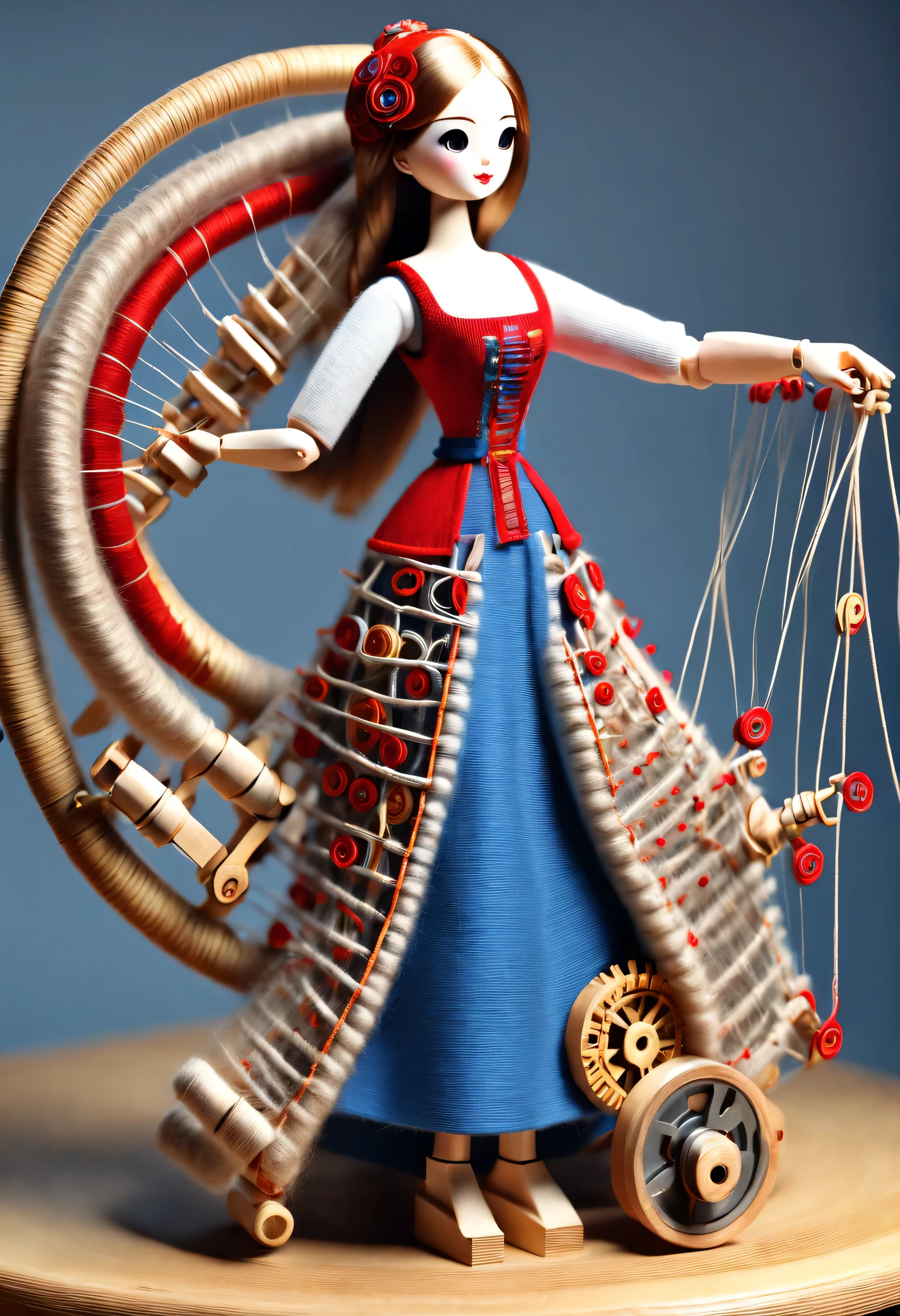 China's unique high-end carpenter sculpture style, character idea, (whole body), (a mechanically constructed doll is 织布), sewing machine,木梭织带机由sewing machine架、Brora、sewing machine头、Shuttle and yarn composition。sewing machine架用于支撑sewing machine头和Brora,Brora和sewing machine头是织布的核心部件,They perform the weaving function through a series of mechanical movements。Shuttle is an essential accessory for weaving,Mainly responsible for conveying yarn,Realize the function of knitting, Mechanical wires connecting dolls's bow finger, Gears connect slender Legechanism on log base), The key spring is inserted into the back of the doll, cute and beautiful face, Extra long red double braids, blue and orange skirt, Slender mechanical wooden arms and legs, Beautiful and detailed,rotate, dance, 8k, super detailed, actual, high resolution, Ray tracing,yarn art