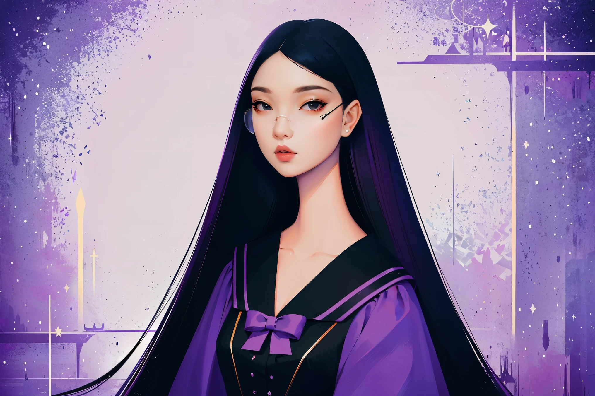 character design of a girl (masterpiece:1.2, best quality), no background, 1lady, solo, (shiny skin:1.2), upper body, purple color scheme, witch outfit, glasses, straight long black hair styled in hime-cut hair, character concept art, harajuku style, hair pin,