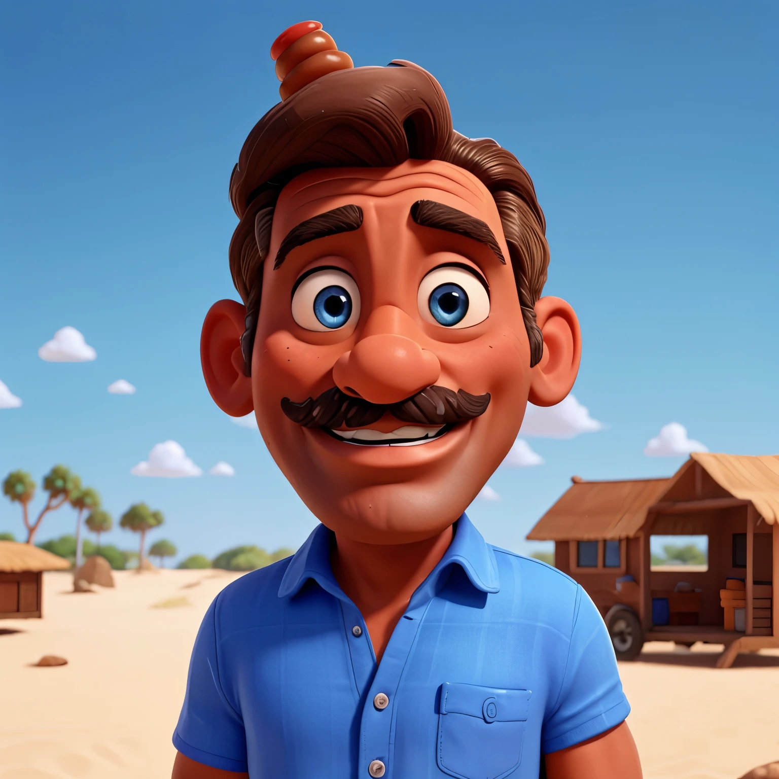 50 year old man with blue eyes and brown hair, with mustache and big smile, tanned skin, medium-large complexion, blue shirt, con un hotdog en la mano animado