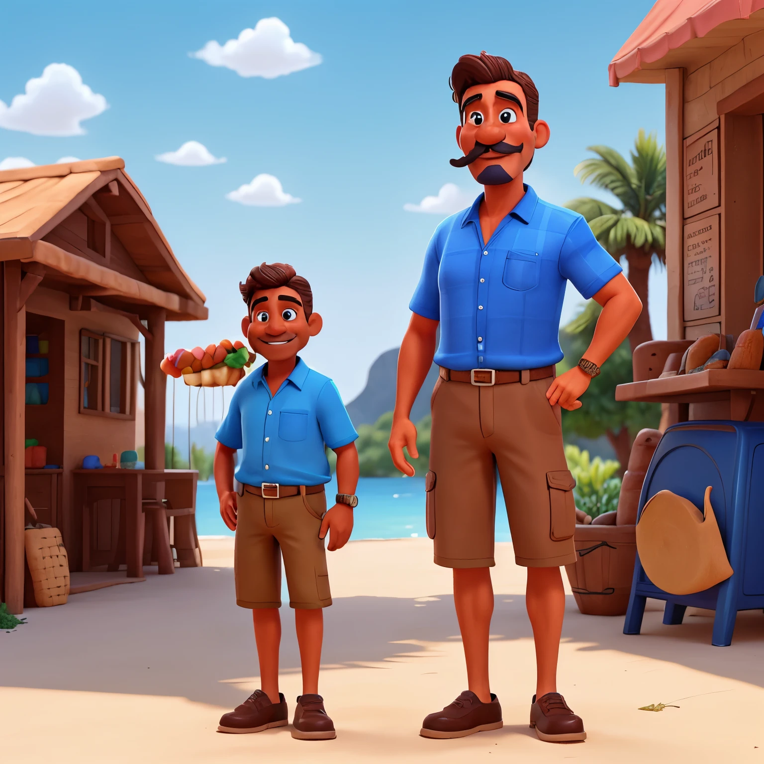 50 year old man with blue eyes and brown hair, with mustache and big smile, tanned skin, medium-large complexion, blue shirt, con un hotdog en la mano animado