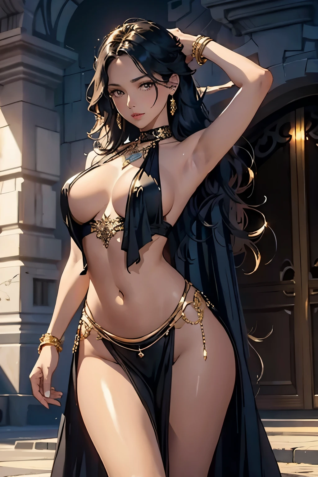 best quality, nsfw, extremely beautiful, beautiful face, long wavy dark hair, Woman Dark, Brown skin, (Shiny skin : 1.5), big breasts, long sexy black and gold dress neckline navel, black and gold breast curtains, long black and gold open front skirt, arousal pose, (extremely long necklace that goes down to the navel), 