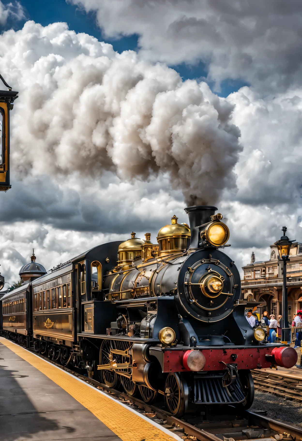 Create a vivid image of a bustling train station from a bygone era. The platform is filled with travelers, luggage, and bustling activity. In the foreground, an old steam train billows thick clouds of steam as it prepares to depart from the platform. The train is detailed with intricate gears, polished brass, and worn paint, showcasing its rich history. The platform is lined with vintage lampposts, benches, and signs indicating destinations. Surrounding the station, there are glimpses of quaint buildings and perhaps a distant landscape. Capture the nostalgia and excitement of travel in this classic setting.
