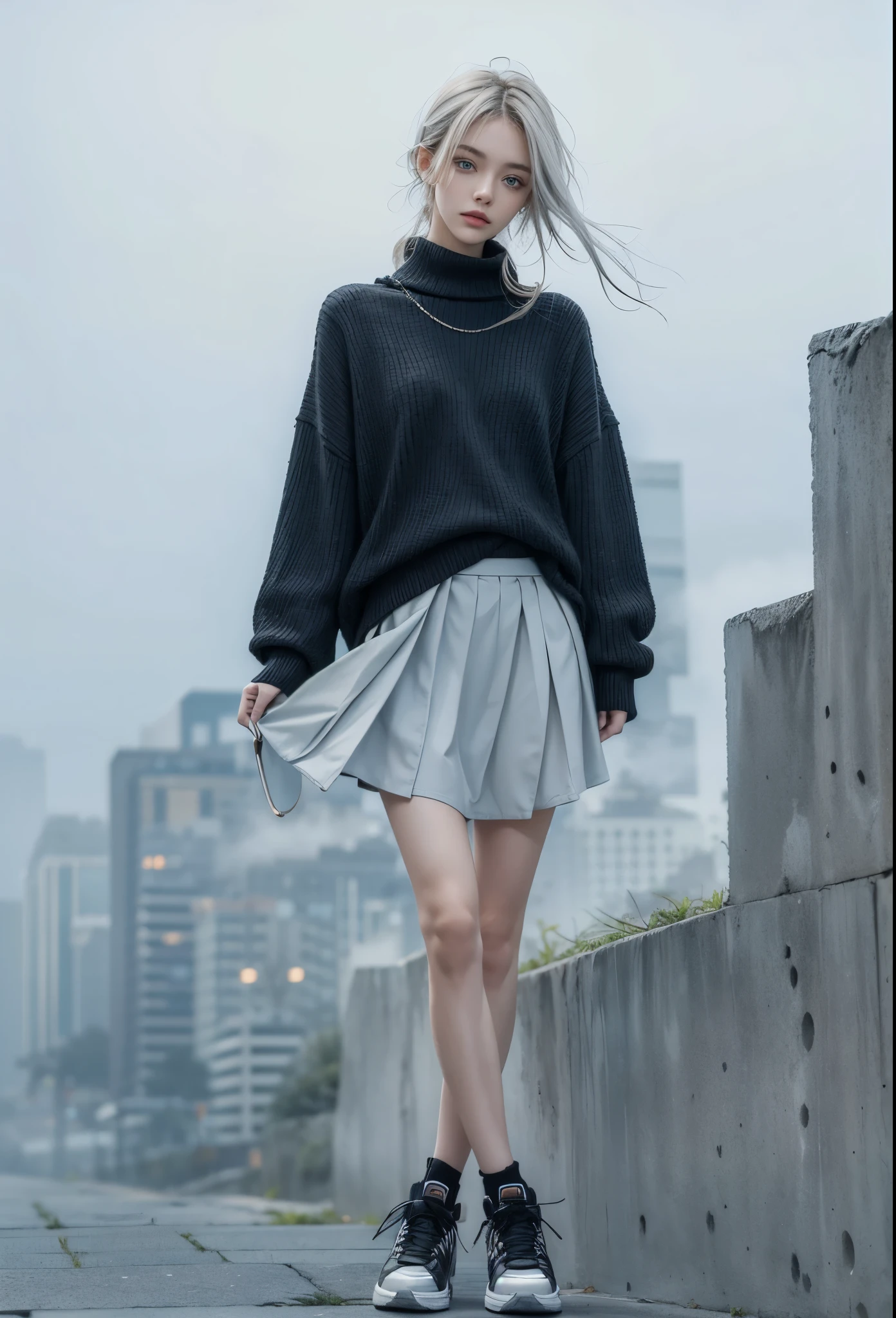 cyber taste mode fashion collection, ultra detailed, beautiful, masterpiece, best quality, _ BREAK Beautiful perfect model, 22 Age, 165 cm, Tightened all body, Perfect and beautiful legs, gray hair, Brightly colored eyes, Diteled face, dropy eyes, Double eyelid, light color eyes, Shiny eyes , Diteled eyes, (small head and face:1.4), _ BREAK arranged hair, Diteled hair, _ BREAK Perfect art background, Fog, mist, _ BREAK (all body front shot, sitting on A concrete bench:1.3), (Hold a skirt:1.45), BREAK (High neck), (black knit simple Spring baggy:1.4),(cute black knit:1.4), (simple Spring outer wear:1.2), (latex mini skirt:1.4), (Diteled Clothing:1.4), Black sneakers with heels, (A simple bag that matches clothes:1.3), (One point accessories:1.3), (fog and mist Blurred background, Perfect and beautiful concrete background:1.4), (Inorganic and nostalgic white lighting:1.4),