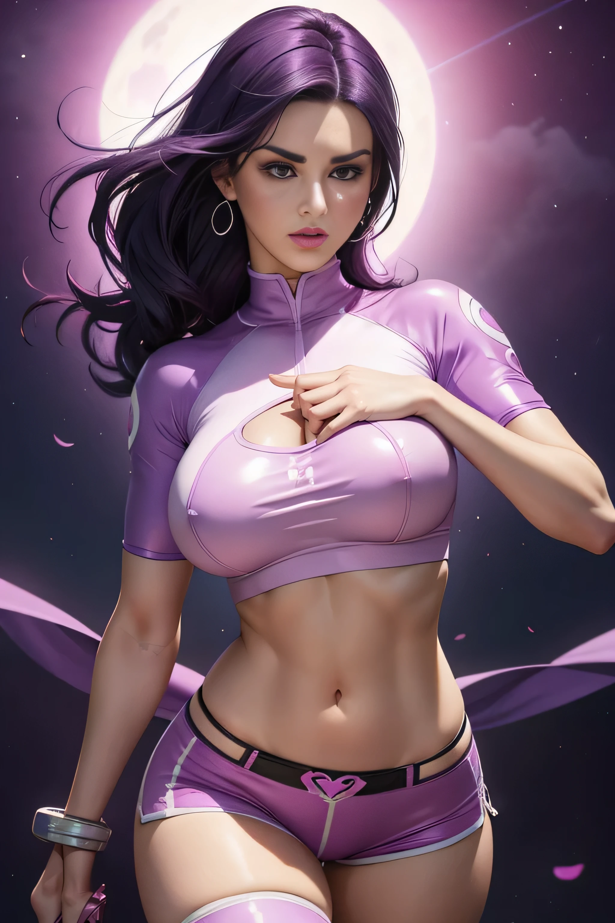 Katy perry as a sexy beautiful female superhero. purple hair blur eyes wears a tight form fitting outfit that is pink-purple with a white outer layer with a balck and white sun symbol , sleveless, has a midriff with a ring on the center of her abdomen. wears pink-purple shorts with a white outer layer, long black stockings, pink-purple long knee boot portrait photography by artgerm, in the style of realism, glistening skin, cartooncore, mangacore, natural lighting, Defined full lips. Muscular fitness feminine body