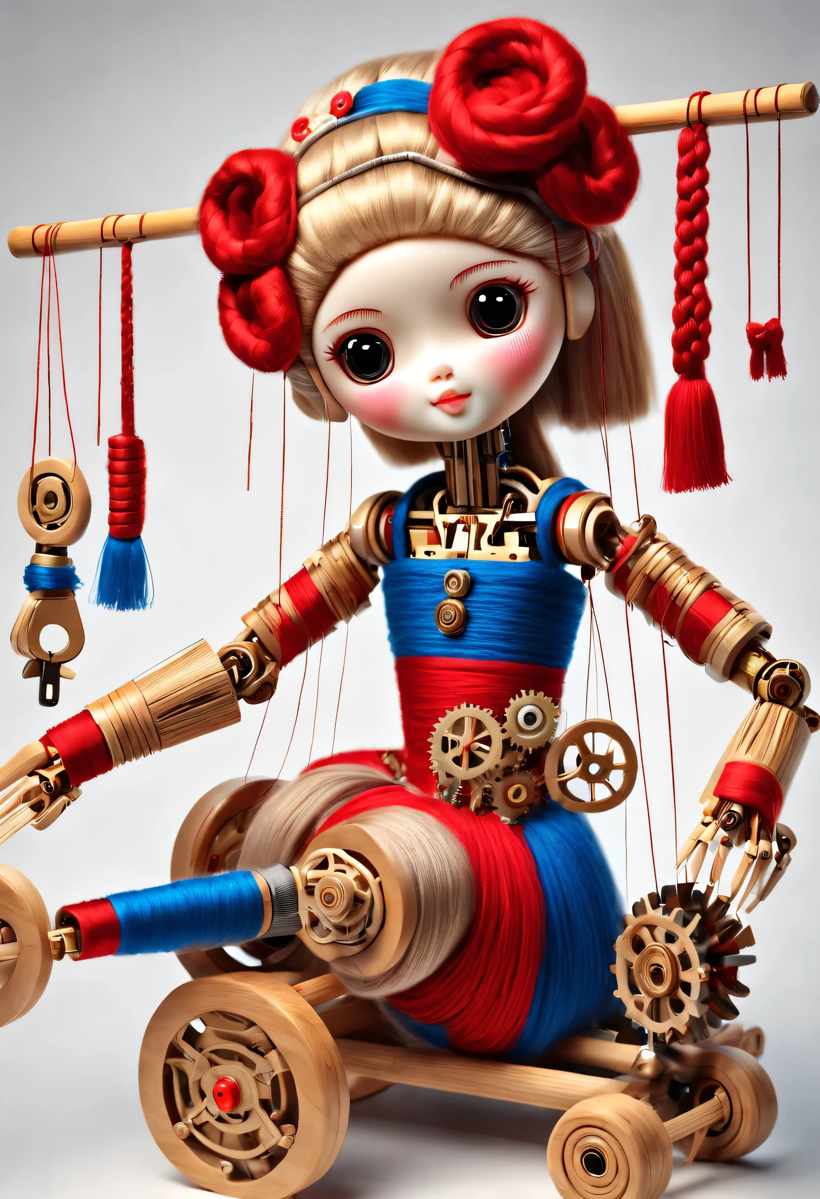 China&#39;s unique high-end carpenter sculpture style, character idea, (whole body), (a mechanically constructed doll is 织布）, （sewing machine），木梭织带机由sewing machine架、Brora、sewing machine头、Shuttle and yarn composition。sewing machine架用于支撑sewing machine头和Brora，Brora和sewing machine头是织布的核心部件，They perform the weaving function through a series of mechanical movements。Shuttle is an essential accessory for weaving，Mainly responsible for conveying yarn，Realize the function of knitting, Mechanical wires connecting dolls&#39;s bow finger, Gears connect slender Legechanism on log base), The key spring is inserted into the back of the doll, cute and beautiful face, Extra long red double braids, blue and orange skirt, Slender mechanical wooden arms and legs, Beautiful and detailed，rotate, dance, 8k, super detailed, actual, high resolution, Ray tracing,yarn art