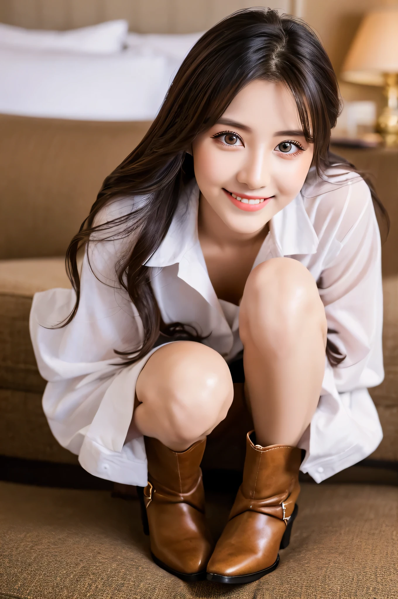 high quality, Super detailed, finely, High resolution, 8k, perfect dynamic composition, beautiful and detailed eyes, natural color lip, random sexy pose,cute smile,Hotel,18 year old girl、beautiful and detailed face、perfect and beautiful face,Big eyes、beautiful and detailed face、perfect and beautiful double eyelids,blur the background,perfect and beautiful face,just a skirt，beautiful feet，thighs,The woman I want to hold,boots,shoes,conversion,transparent shirt