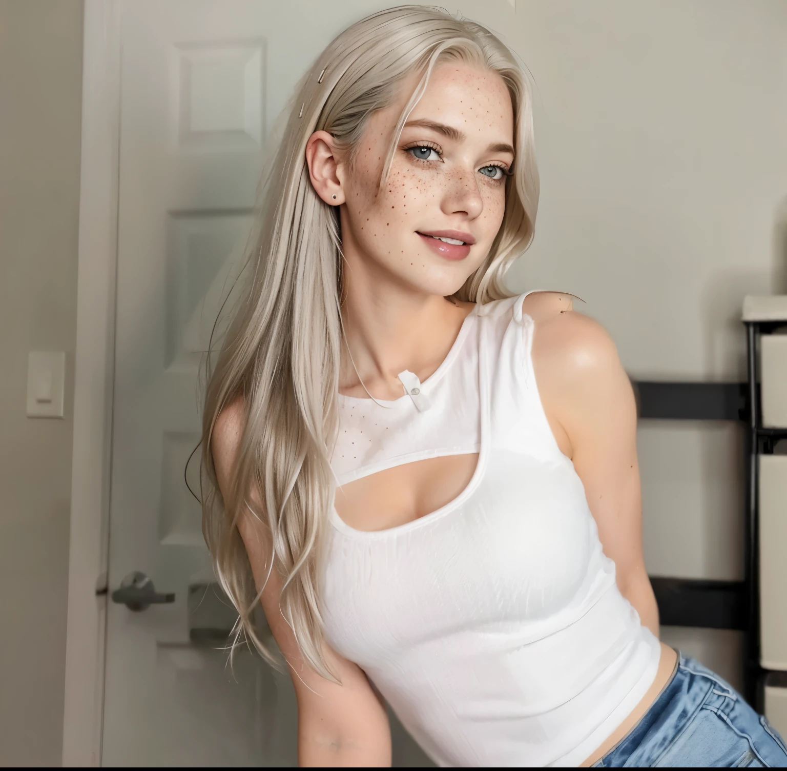 mulher, americana, 25 anos, pale skin and freckles, olhos cinzas, nariz delicado, soft and delicate lips, longo, cabelo loiro platinado ondulado na altura da cintura, sorriso meigo,