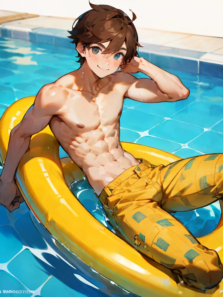 Reference sheet of a cute boy, short brown hair, brown eyes, smiling, shirtless, A happy, smiling boy, blue eyes, brown hair, short hair, shirtless, wearing yellow pants with a Hawaiian pattern. Lying in a rubber ring in the middle of a swimming pool, hot weather, sweat dripping all over the body. In the hand holding a smoothie glass,abs,shirtless,good anatomy,coll pose,full body