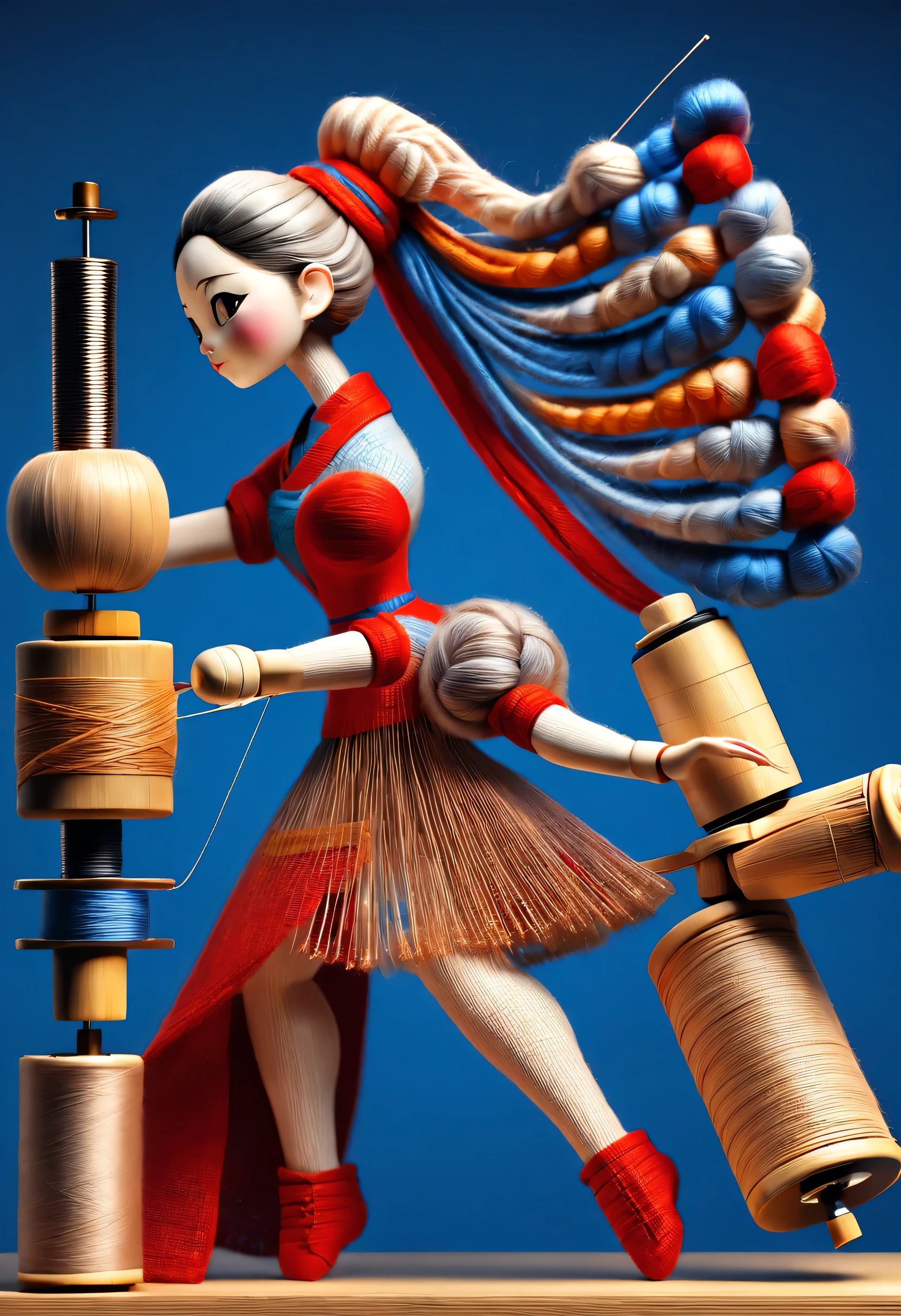 China's unique high-end carpenter sculpture style,The character is full body,(a mechanically constructed doll is 织布),sewing machine,wooden shuttle loom,sewing machine架、Brora、sewing machine头、Shuttle and yarn composition。sewing machine架用于支撑sewing machine头和Brora,They perform the weaving function through a series of mechanical movements。Shuttle is an essential accessory for weaving,Mainly responsible for conveying yarn,Realize the function of knitting, cute and beautiful face, Extra long red double braids, blue and orange skirt, Slender mechanical wooden arms and legs, Beautiful and detailed,rotate, dance, 8k, super detailed, actual, high resolution, Ray tracing,yarn art