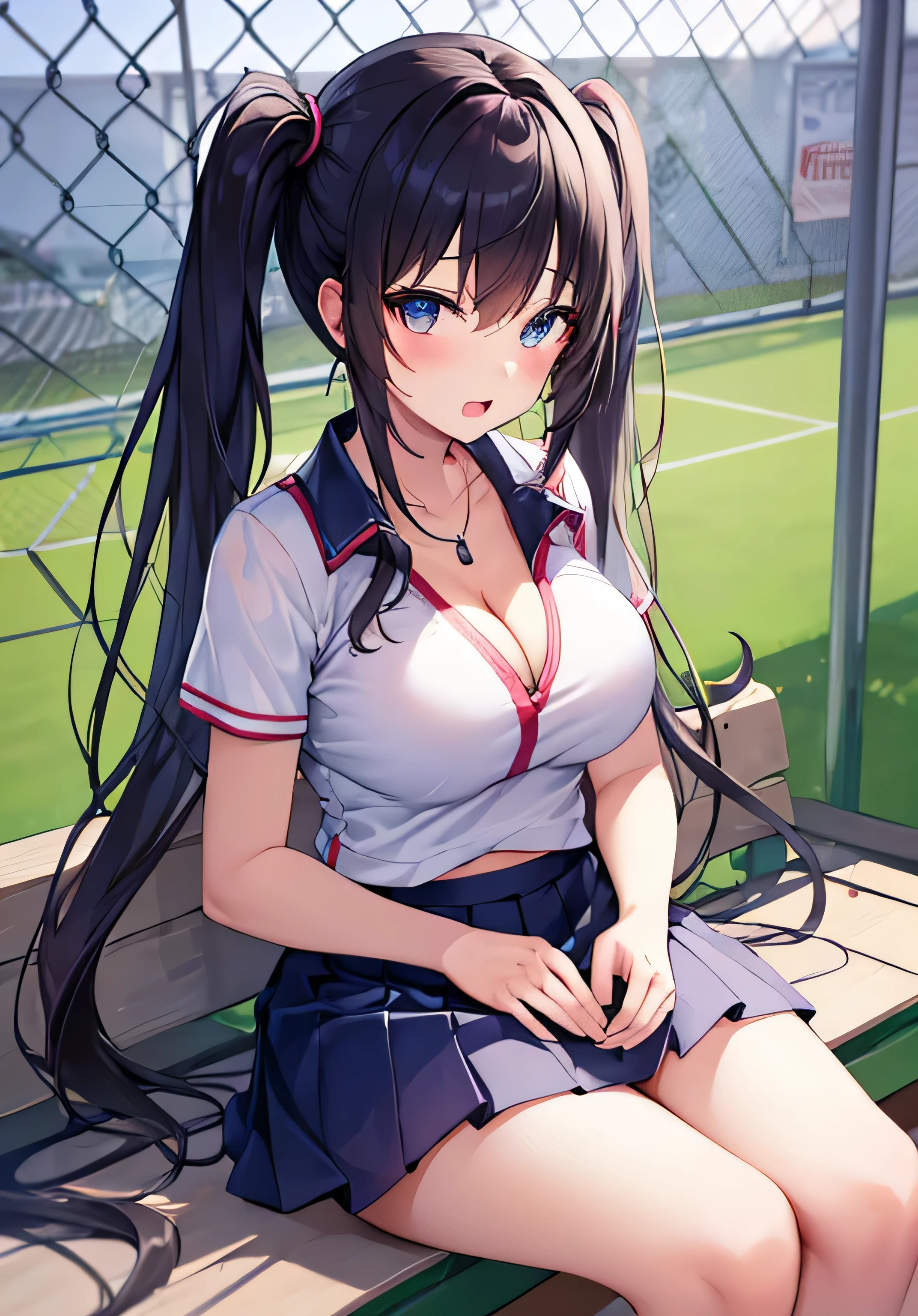 masterpiece、best image quality、ultra high resolution、 girl with big breasts、twin tail hairstyle、black hair、red face、shyly、Open your mouth just a little、Tennis wear for teenage girls that shows cleavage、tennis for teenagesitting on the bench、Tennis court