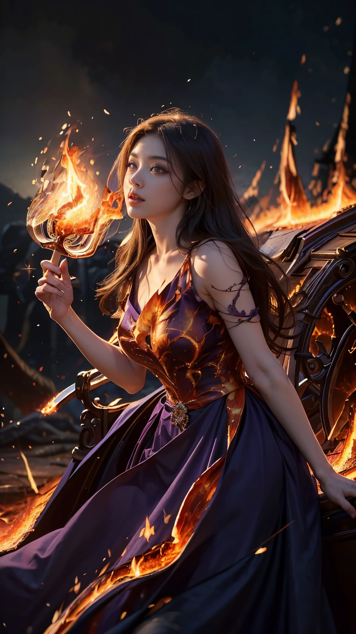 8K, ultra detailed, masterpiece, 1 fire girl, good face, detailed eyes, very long hair, hire hair, (fire dress:1.8), (purple dress:1.5), (spreading fire:1.5), (flame aura:1.4), flame in hands, perfect body,