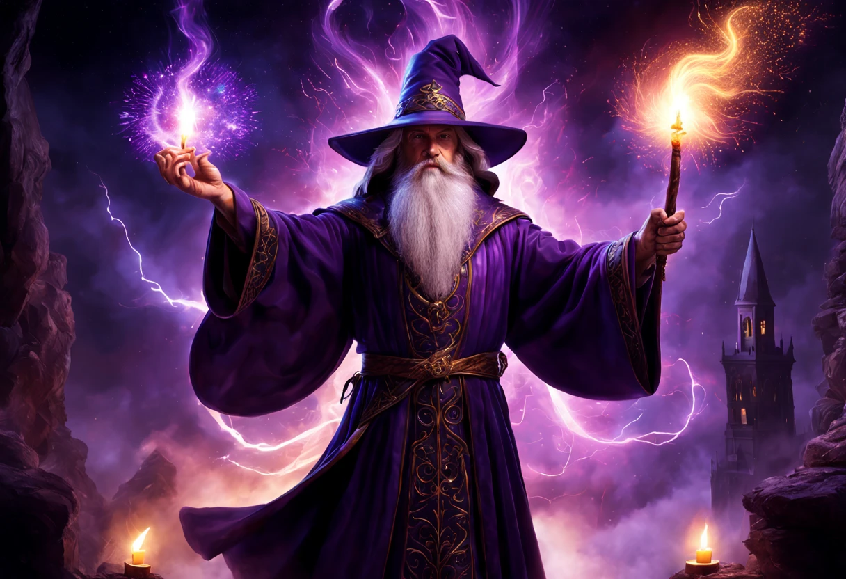 an arcane wizard,(best quality,4k,8k,highres,masterpiece:1.2),spellcasting with detailed hand gestures,glowing purple magical energy,sorcerer in a dark and mysterious tower,creating intricate and complex magic spells,ancient and mystical grimoire,elaborate enchanted robes,crackling lightning bolts and swirling vortexes of power,mystical aura surrounding the wizard,casting a powerful spell with intense concentration,illuminated by the flickering flames of a candle,casting magical illusions in a hazy and ethereal atmosphere,with a backdrop of shimmering stars and a glowing moon,emitting a radiant glow from his staff,controlling the elements with precise control and finesse,creating a powerful and awe-inspiring display of arcane power,featuring intricate and detailed magical symbols and runes,unleashing a dazzling display of arcane fireworks and explosions,transporting the viewer to a world of magic and wonder,with a sense of ancient wisdom and mysticism.