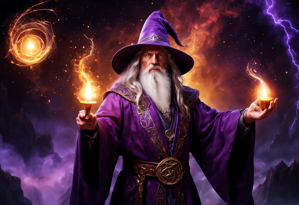 an arcane wizard,(best quality,4k,8k,highres,masterpiece:1.2),spellcasting with detailed hand gestures,glowing purple magical energy,sorcerer in a dark and mysterious tower,creating intricate and complex magic spells,ancient and mystical grimoire,elaborate enchanted robes,crackling lightning bolts and swirling vortexes of power,mystical aura surrounding the wizard,casting a powerful spell with intense concentration,illuminated by the flickering flames of a candle,casting magical illusions in a hazy and ethereal atmosphere,with a backdrop of shimmering stars and a glowing moon,emitting a radiant glow from his staff,controlling the elements with precise control and finesse,creating a powerful and awe-inspiring display of arcane power,featuring intricate and detailed magical symbols and runes,unleashing a dazzling display of arcane fireworks and explosions,transporting the viewer to a world of magic and wonder,with a sense of ancient wisdom and mysticism.