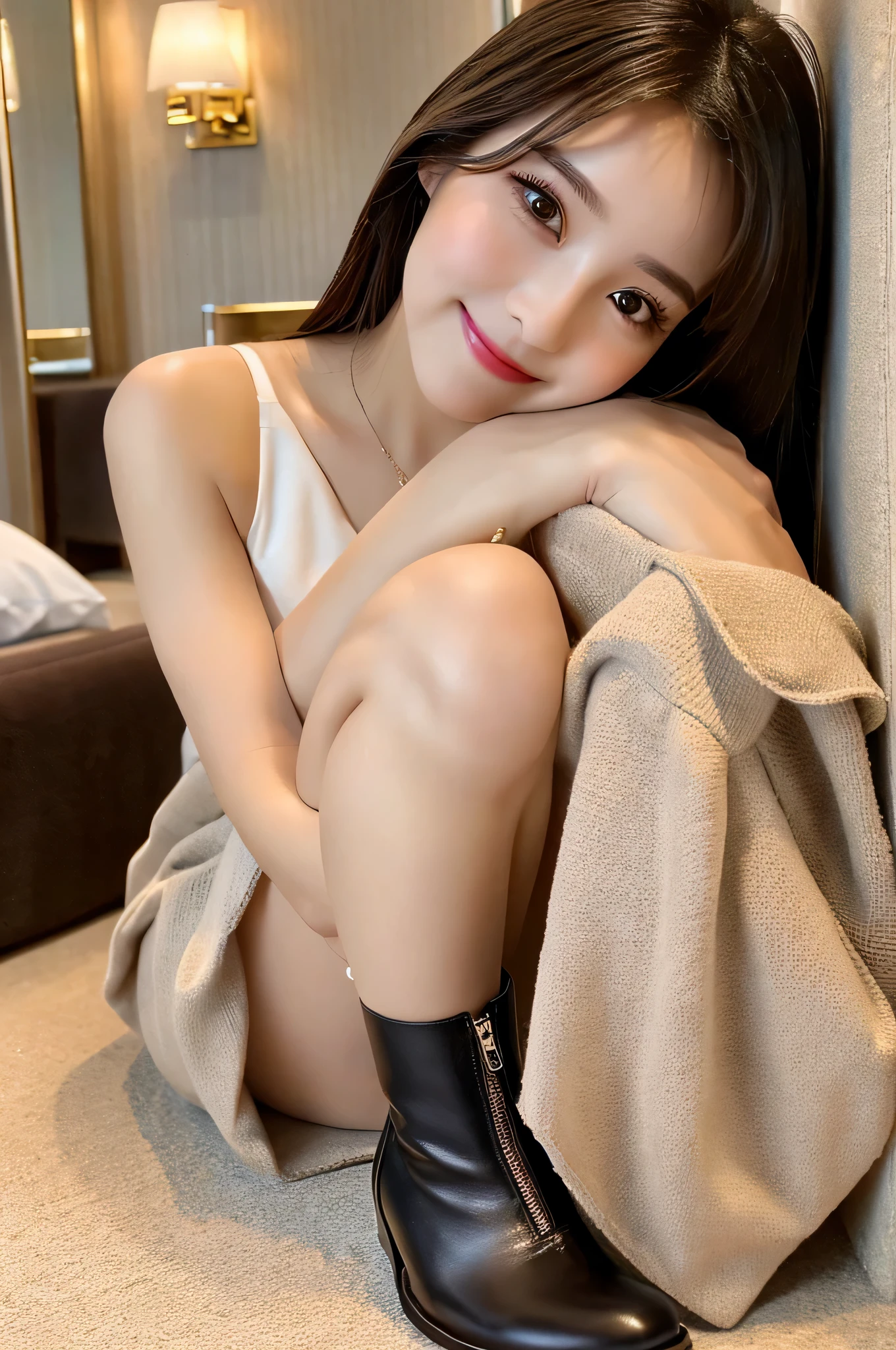 high quality, Super detailed, finely, High resolution, 8k, perfect dynamic composition, beautiful and detailed eyes, natural color lip, random sexy pose,cute smile,Hotel,18 year old girl、beautiful and detailed face、perfect and beautiful face,Big eyes、beautiful and detailed face、perfect and beautiful double eyelids,blur the background,perfect and beautiful face,just a skirt，beautiful feet，thighs,calf,The woman I want to hold,boots,shoes,conversion,thin