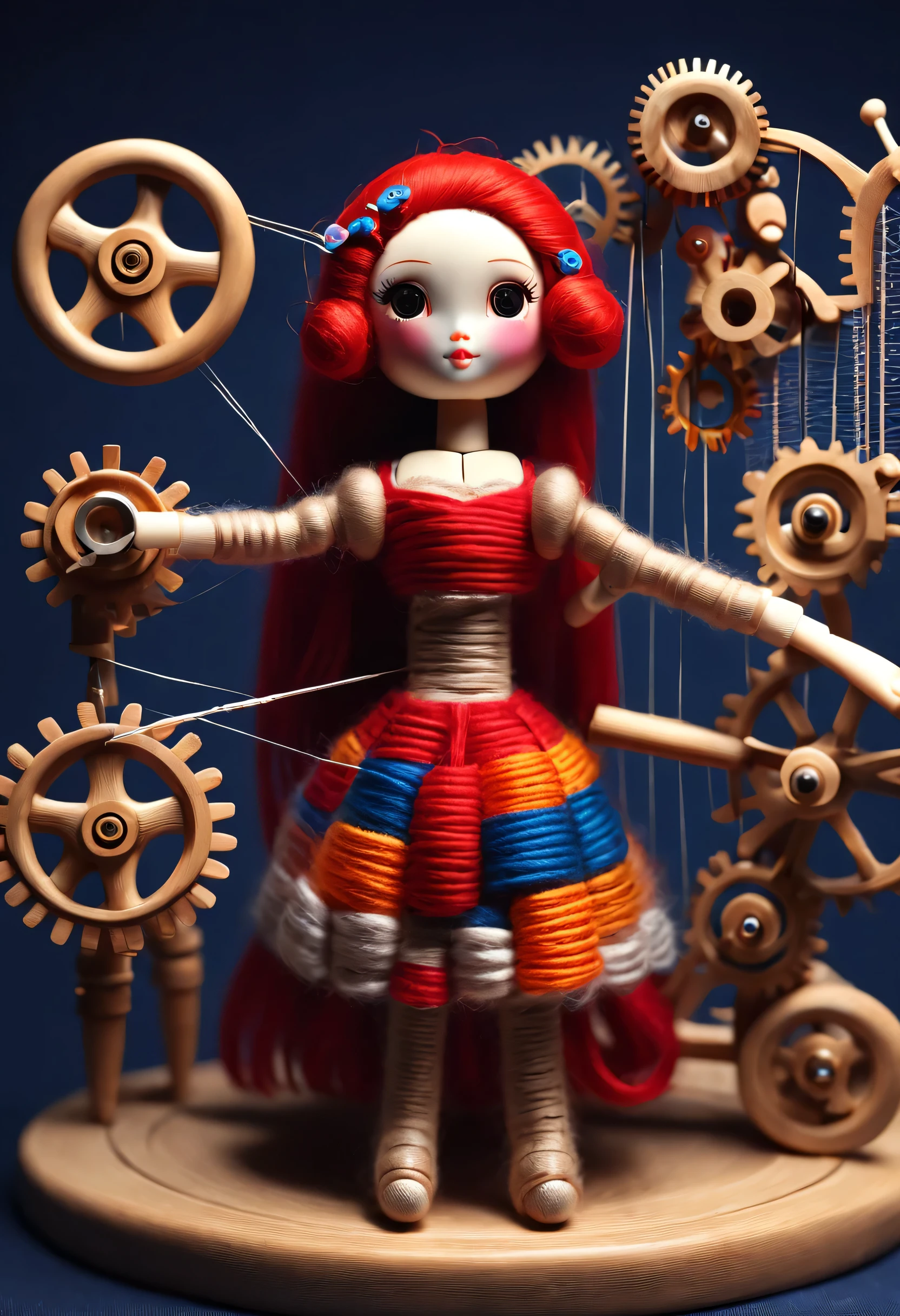 China's unique high-end carpenter sculpture style, character idea, (whole body), (a mechanically constructed doll is 织布), (sewing machine),木梭织带机由sewing machine架、Brora、sewing machine头、Shuttle and yarn composition。sewing machine架用于支撑sewing machine头和Brora,Brora和sewing machine头是织布的核心部件,They perform the weaving function through a series of mechanical movements。Shuttle is an essential accessory for weaving,Mainly responsible for conveying yarn,Realize the function of knitting, Mechanical wires connecting dolls's bow finger, Gears connect slender Legechanism on log base), The key spring is inserted into the back of the doll, cute and beautiful face, Extra long red double braids, blue and orange skirt, Slender mechanical wooden arms and legs, Beautiful and detailed,rotate, dance, 8k, super detailed, actual, high resolution, Ray tracing,yarn art,background:farmhouse night