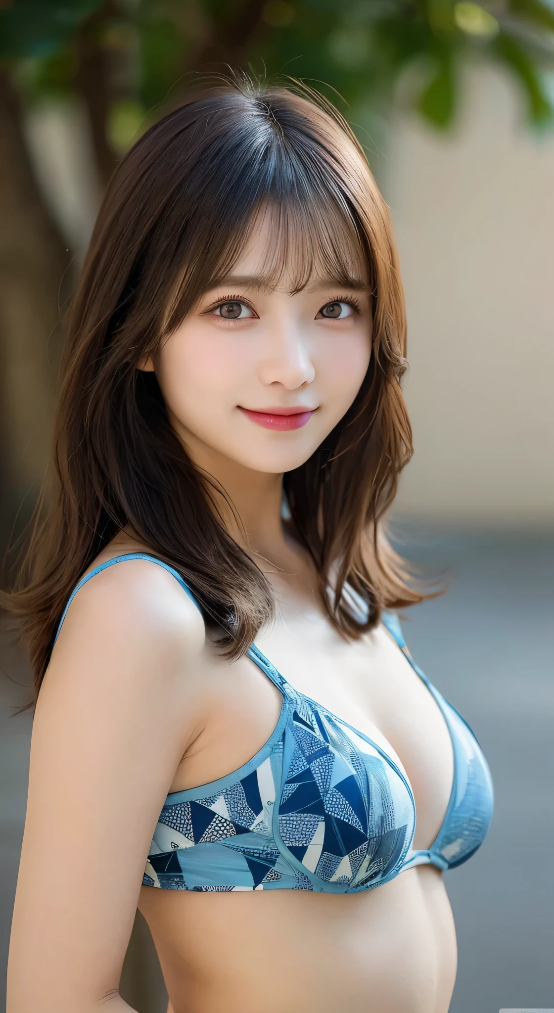 highest quality, shape, Super detailed, finely, High resolution, 8k wallpaper, 完璧なダイナミックな構shape, beautiful and detailed eyes, blue bikini,medium hair,big breasts natural color lip、20 year old girl、cute、sexy shot looking at camera、Transparency、smile、standing posture with back arched,geometric print