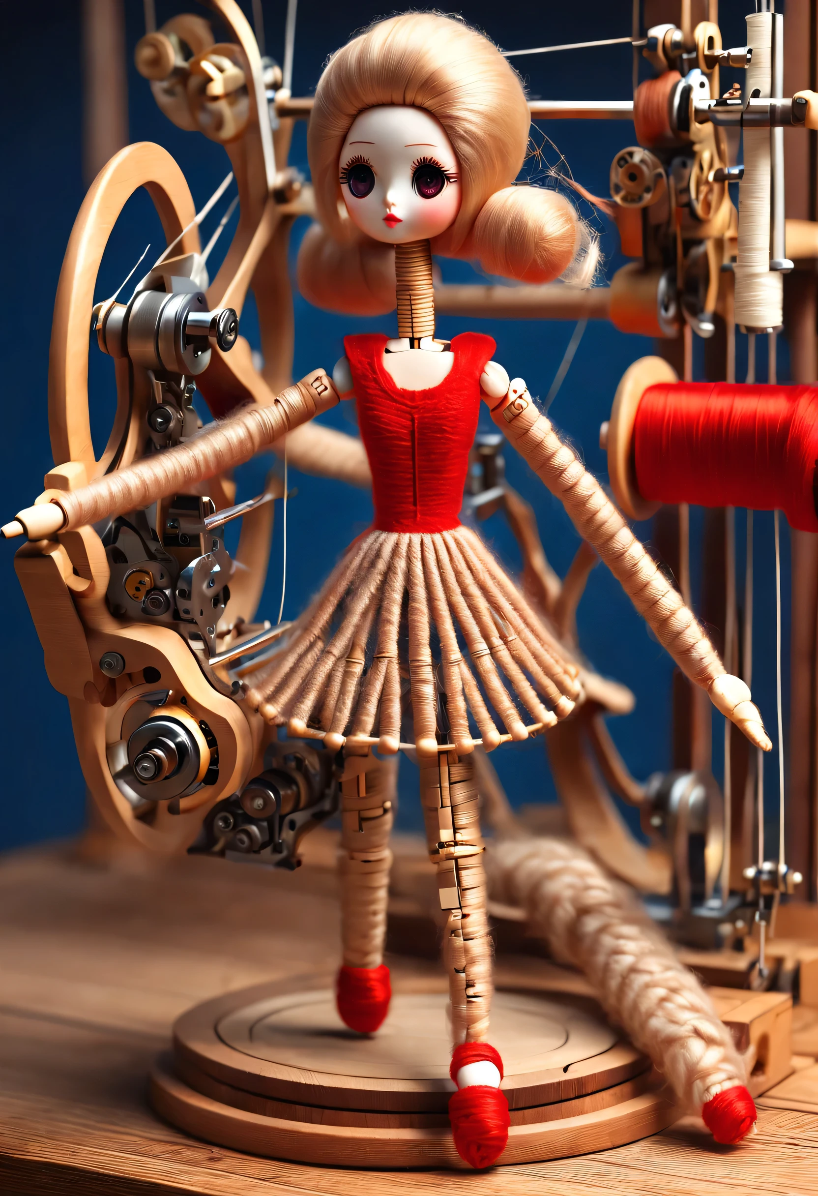 China's unique high-end carpenter sculpture style, character idea, (whole body), (a mechanically constructed doll is 织布), (sewing machine),木梭织带机由sewing machine架、Brora、sewing machine头、Shuttle and yarn composition。sewing machine架用于支撑sewing machine头和Brora,Brora和sewing machine头是织布的核心部件,They perform the weaving function through a series of mechanical movements。Shuttle is an essential accessory for weaving,Mainly responsible for conveying yarn,Realize the function of knitting, Mechanical wires connecting dolls's bow finger, Gears connect slender Legechanism on log base), The key spring is inserted into the back of the doll, cute and beautiful face, Extra long red double braids, blue and orange skirt, Slender mechanical wooden arms and legs, Beautiful and detailed,rotate, dance, 8k, super detailed, actual, high resolution, Ray tracing,yarn art,background:farmhouse night