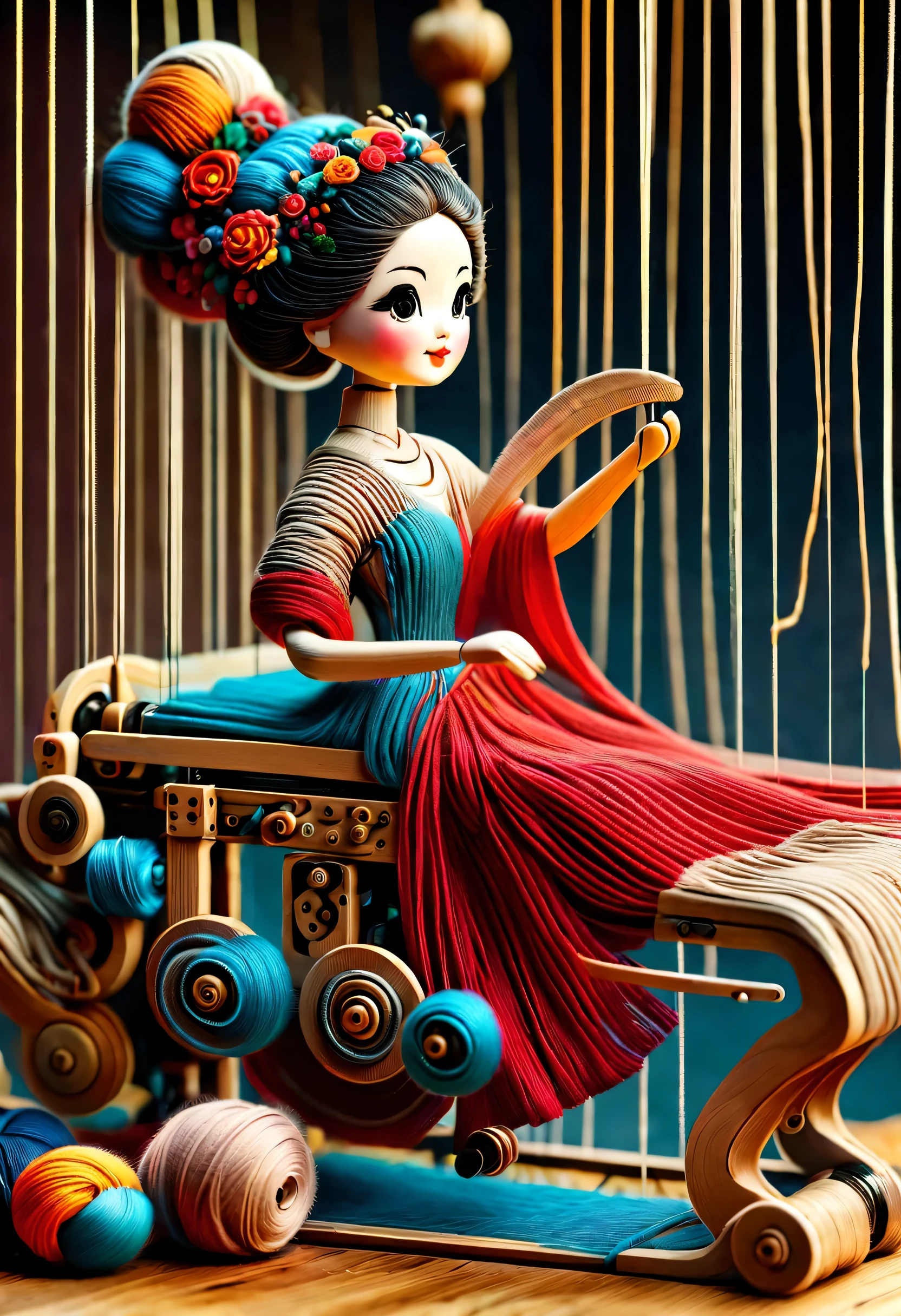 China's unique high-end carpenter sculpture style，The character is full body，（a mechanically constructed doll is 织布），sewing machine，wooden shuttle loom，sewing machine架、Brora、sewing machine头、Shuttle and yarn composition。sewing machine架用于支撑sewing machine头和Brora，They perform the weaving function through a series of mechanical movements。Shuttle is an essential accessory for weaving，Mainly responsible for conveying yarn，Realize the function of knitting, cute and beautiful face, Extra long red double braids, blue and orange skirt, Slender mechanical wooden arms and legs, Beautiful and detailed，rotate, dance, 8k, super detailed, actual, high resolution, Ray tracing,yarn art