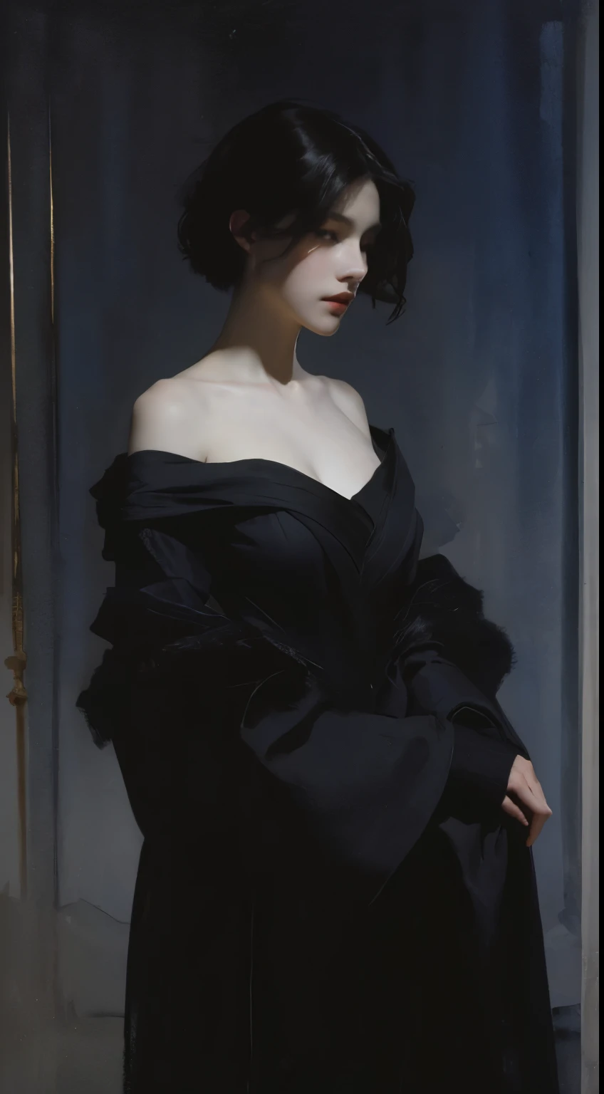 (Watercolor painting by Singer Sargent)、(highest quality、masterpiece)、1 girl, off shoulder, in the dark, deep shadow, subdued lighting, cool tones, captivating gaze, short hair, foggy atmosphere, mysterious atmosphere, subtle highlights, dramatic contrast, elegant pose, intense emotions, mysterious beauty, enchanting darkness, attractive expression