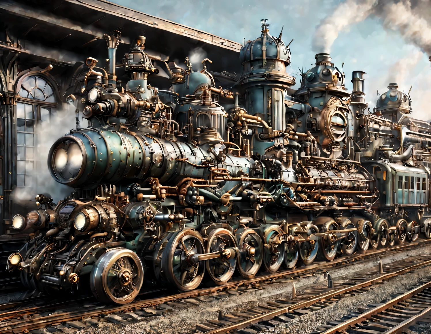 Steampunk art, Railroad station, building, Railroad station steampunk, a lot of details, Railroad station, the texture of the building is shown in detail, High detail, A high resolution, color depth 128 bit